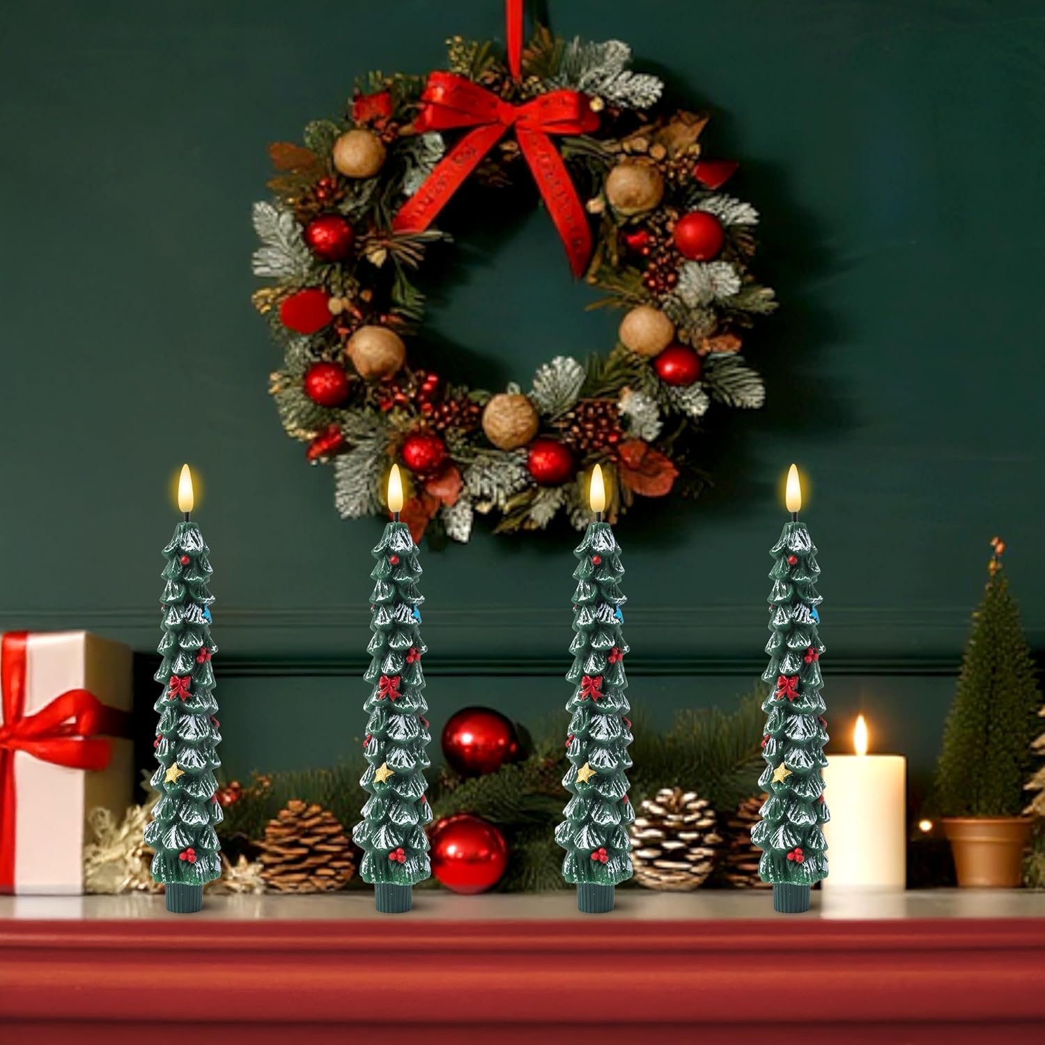 Christmas Tree Flameless Taper Candle - 4PCS Xmas Waxy Led Candle Stick with Remote and Timer, Christmas Tree Candlestick Light Flickering Decoration, 3D Wick Wax Candlelight for Fireplace