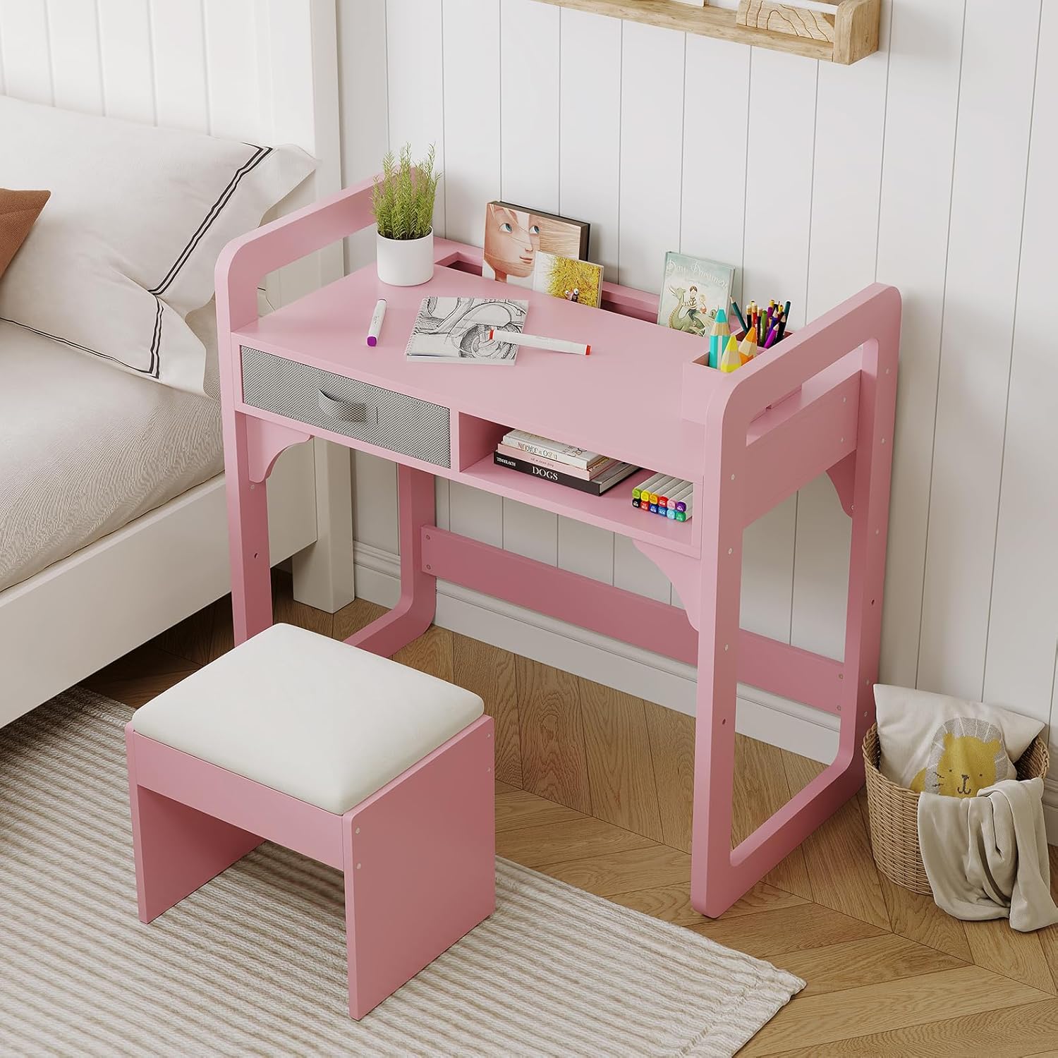 GarveeHome Kids Desk and Chair Set for Boys and Girls, Wooden Student School Study Desk with Storage & Padded Stool, Art Writing Table for Kid's Bedroom Playroom, Pink