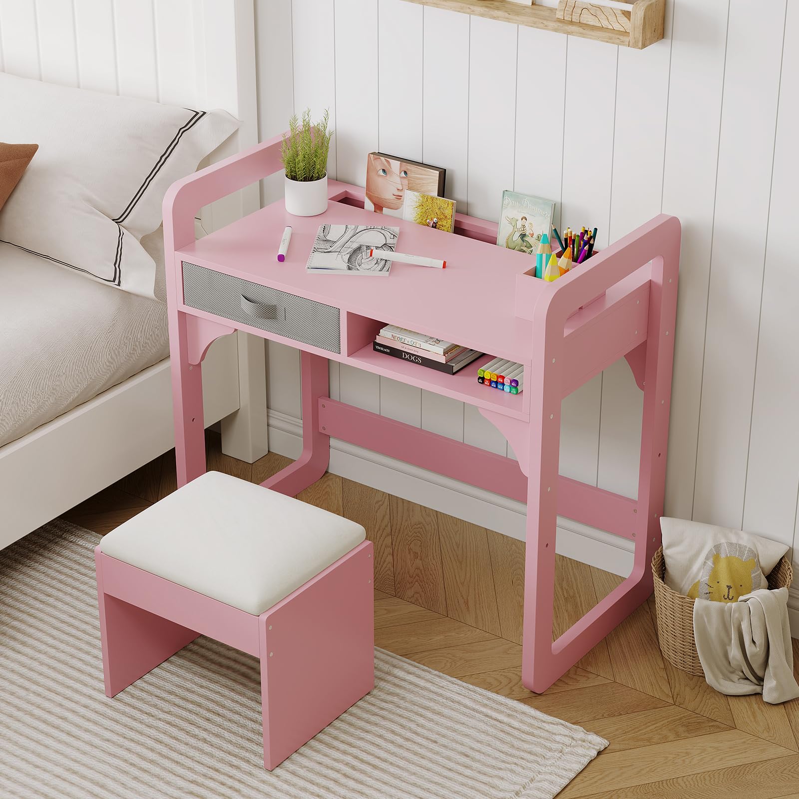 Table d'étude en bois réglable avec rangements pour enfants de 3-8 ans