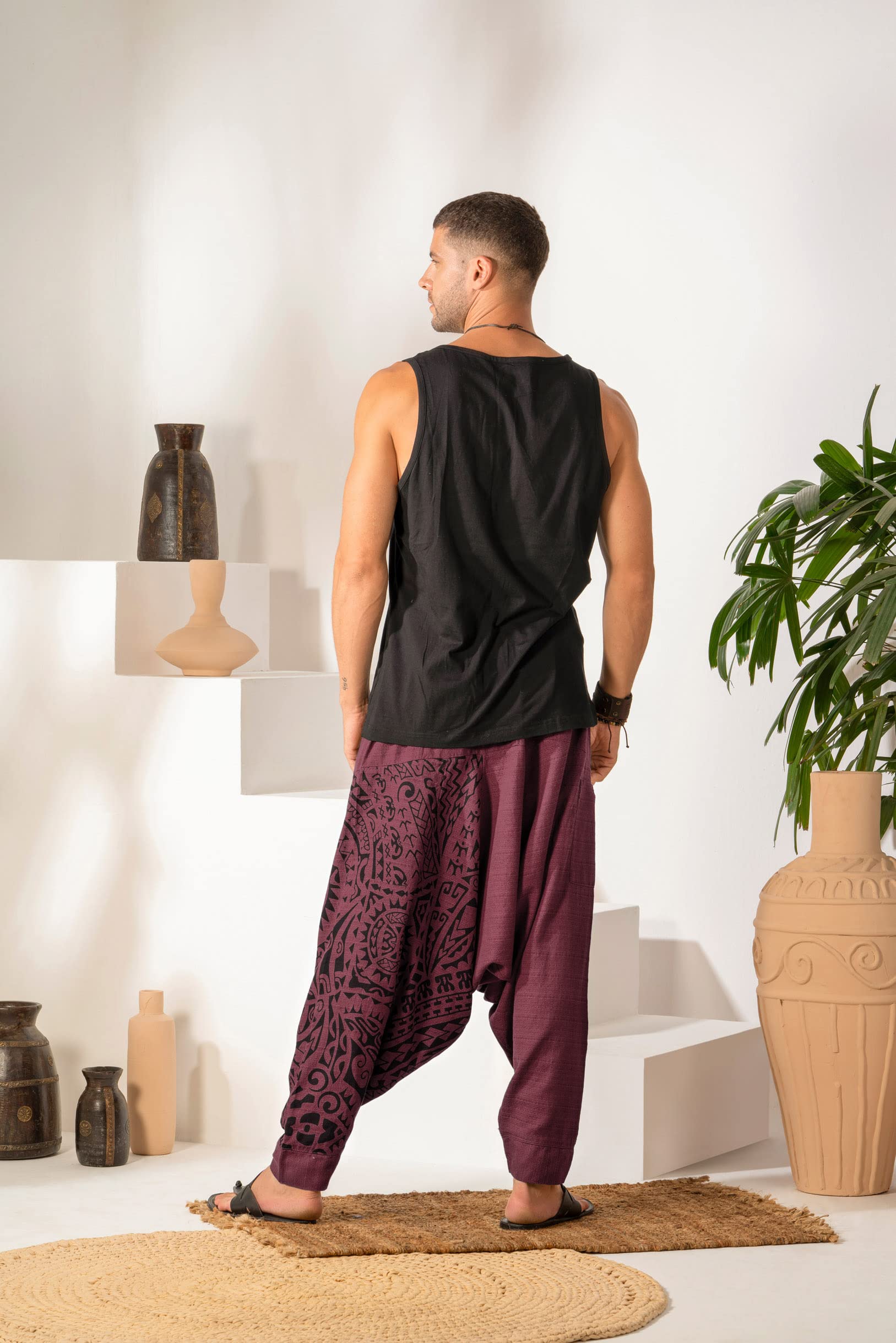 The Veshti Company Men's Harem Pants with Pocket for Dance, Boho Hippie Cotton Oversized Tribal Asian Style Outfit for Men, Purple - Mythical Mana, L 3