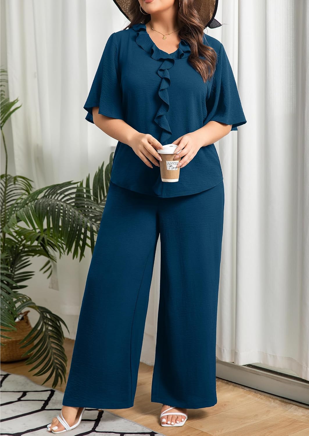 Plus Size 2 Piece Outfits for Women Ruffle V Neck Flutter Sleeve Top Wide Leg Pants Set Business Casual Suits