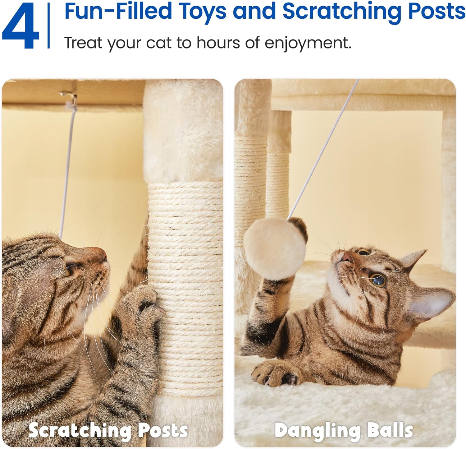 MWPO Large Cat Tree for Indoor Cats, 63-inch Cat Tower with 3 Cat Condos, Scratching Posts, Padded Perches, Hammock, Dangling Toys, Beige