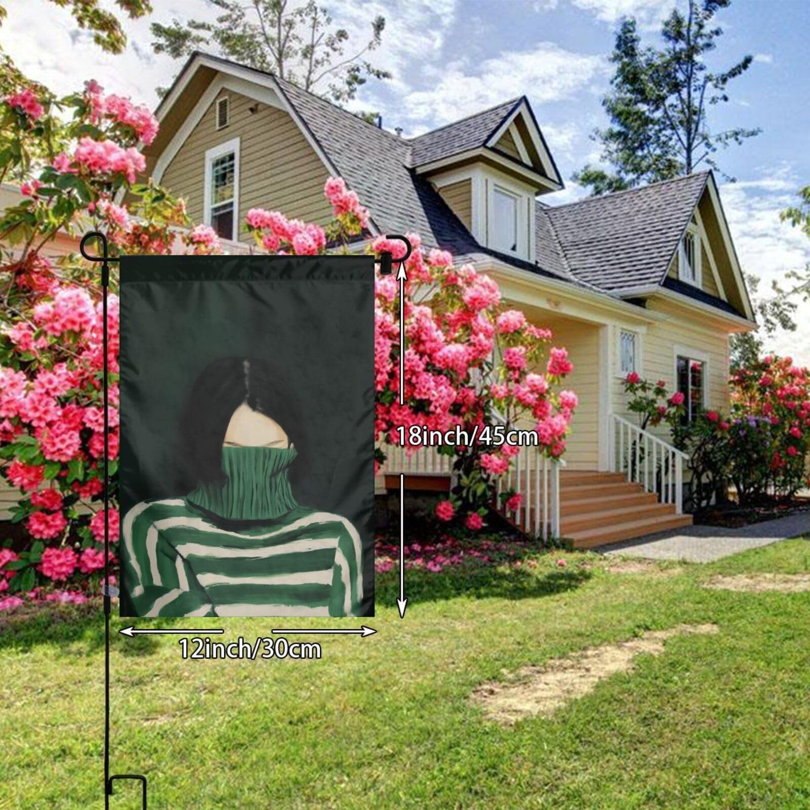 Woman Striped Green Turtleneck Sweater Garden Flag 12x18 Vertical Double Sided Farmhouse Holiday Outside Decorations Yard Flag