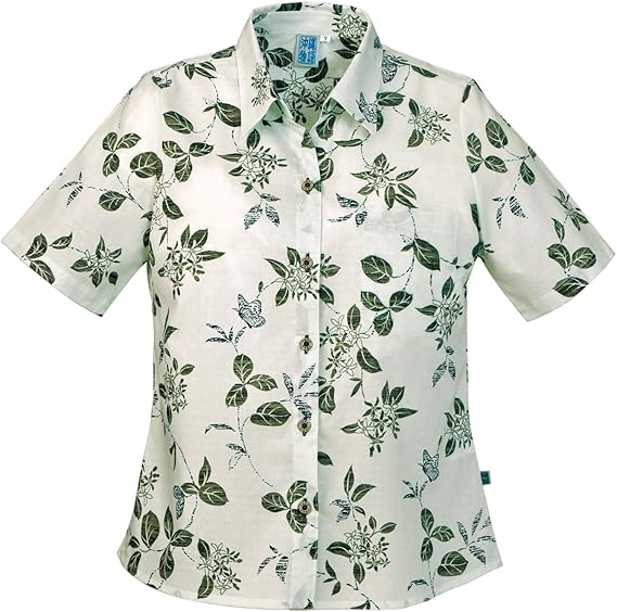 Amazon 沖縄物語 レディースかりゆしウェア 沖縄アロハシャツ オオダマゴラ柄 スキッパー シャツ ブラウス 通販