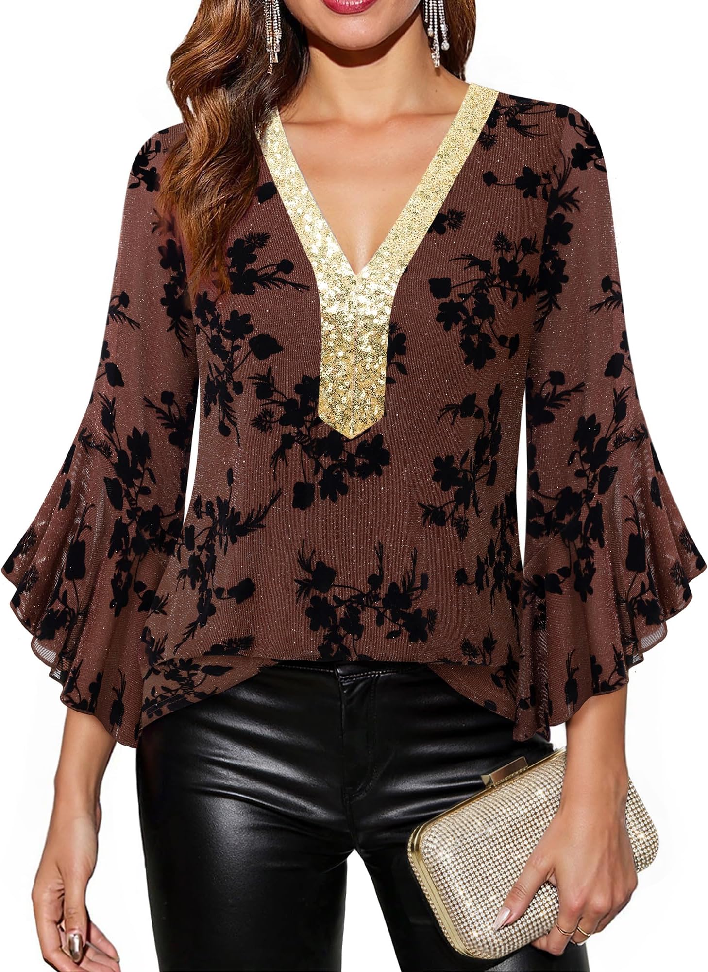 Women's Ruffle 3/4 Sleeve Sparkly Tops Sequin V Neck Blouses Dressy Fall Shirts
