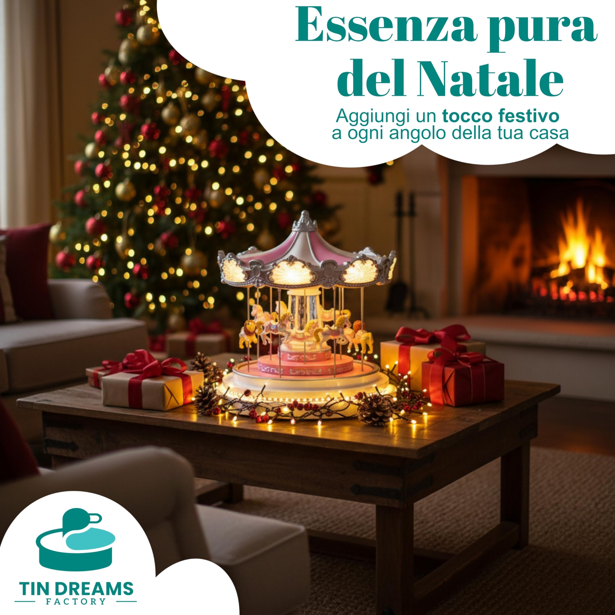 Tin Dreams| Giostra Natalizia Grande con Movimento, Musica e Luci LED| Giostrina Musicale| Villaggio di Natale, Casette, Borgo Miniatura, Scena Animata Illuminata| Addobbo Decorazioni Natalizie