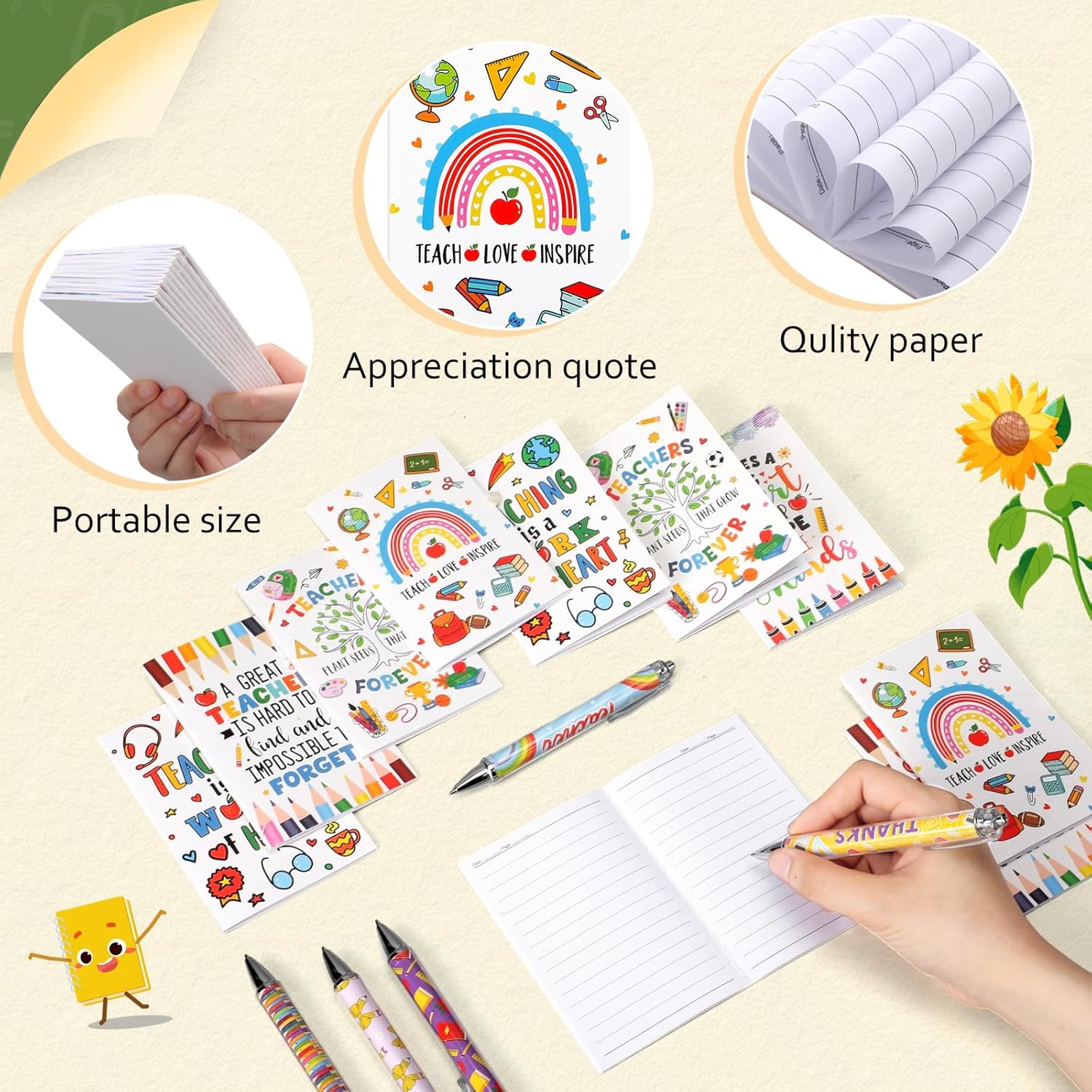 Funnymoom 50 Pcs Teacher Appreciation Gifts Set Includes 24oz Glitter Tumbler, Keychain, Makeup Bag, Notebook, and Pen Teacher Appreciation Week Bulk Gifts for Women Teachers, Mentors Thank You Gift