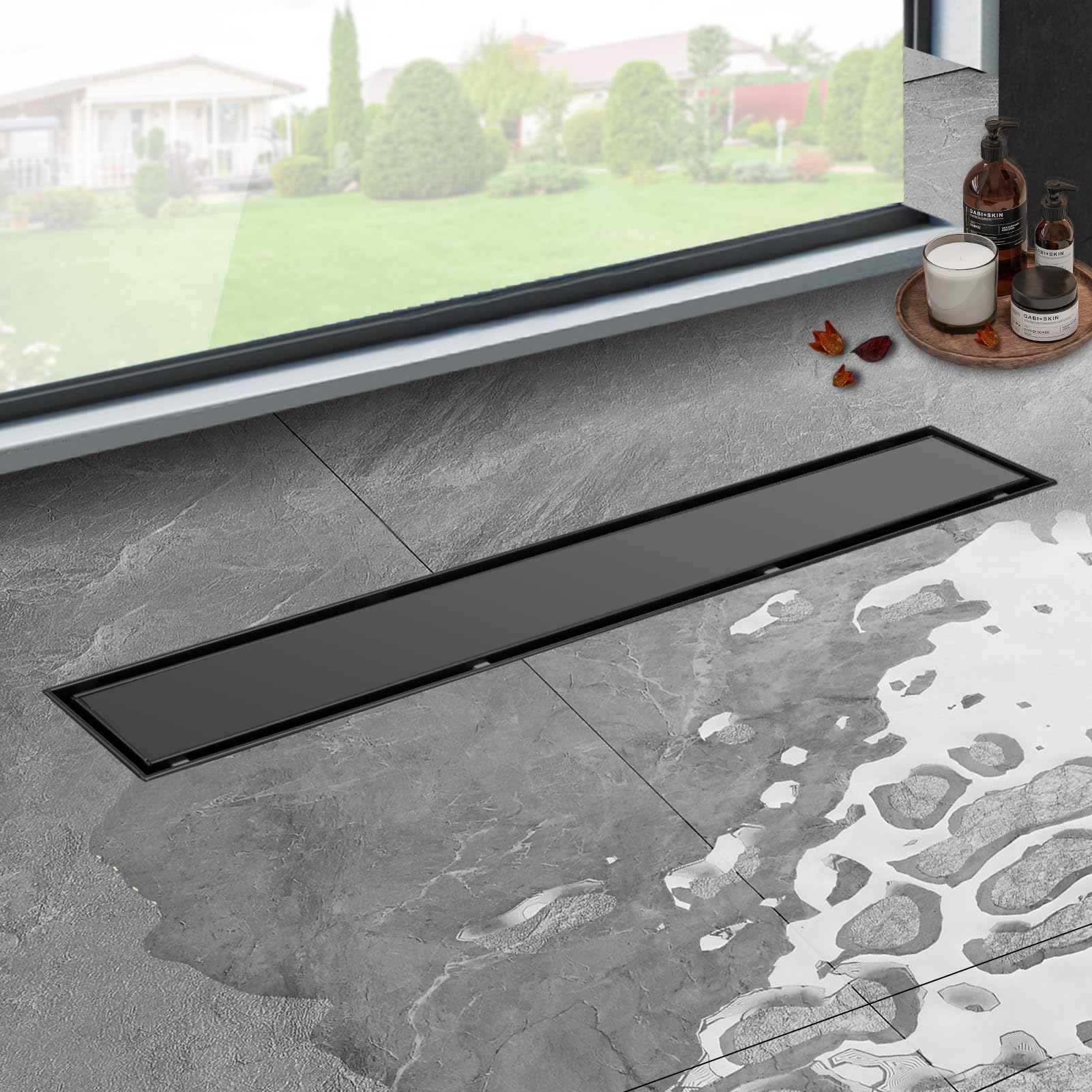 iYueMps Black Linear Shower Drain Drain 1000mm/39inch Stainless Steel Invisible Bathroom Floor Drain Set,Premium Black 2-in-1 Double-Sided,Tile Insert, with Odor Stop and Hair Strainer