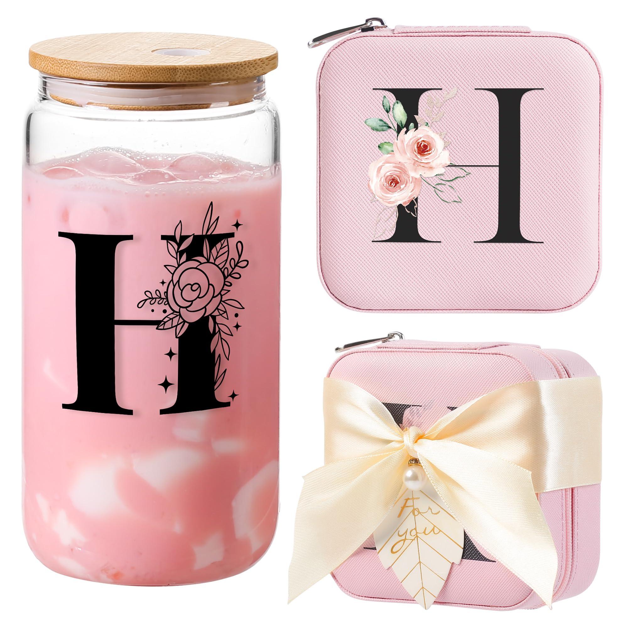 AYGXU mothers day gifts,monogram glass cup,appreciation gifts,Cute Tumbler Cup,bamboo lids for glass cups,Travel Jewelry Organizer,Teen Girls Gifts for Teenage Girls Birthday,Initial H pink