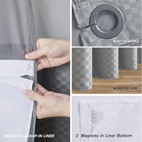 Miniatura 3 de Furlinic Cortina de ducha a cuadros sin gancho con forro de tela a presión, cortinas de baño con textura de panal con ventana superior transparente,