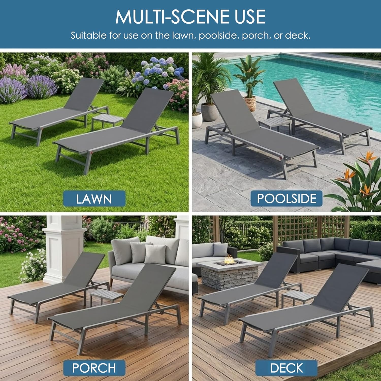 Kozyard 2-Pack Outdoor Lounge Chairs, Foldable Aluminum Frame Patio Chaise Lounge with 5-Position Adjustable Backrest, Assemble-Free, Breathable Textilene Fabric for Poolside Beach (Gray, No Table)