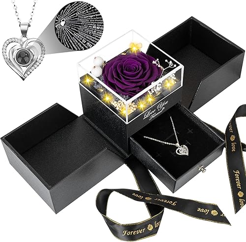 Miniatura 12 de Rosa roja real preservada con collar, flores para siempre, regalos de cumpleaños para mujeres, su madre, esposa, novia, abuela en San Valentín, día