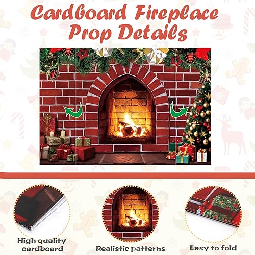 Miniatura 3 de 4 piezas de decoración navideña para chimenea, incluye chimenea de cartón 3D, fondo de pared de ladrillo, pancarta de fieltro de medias de Navidad y