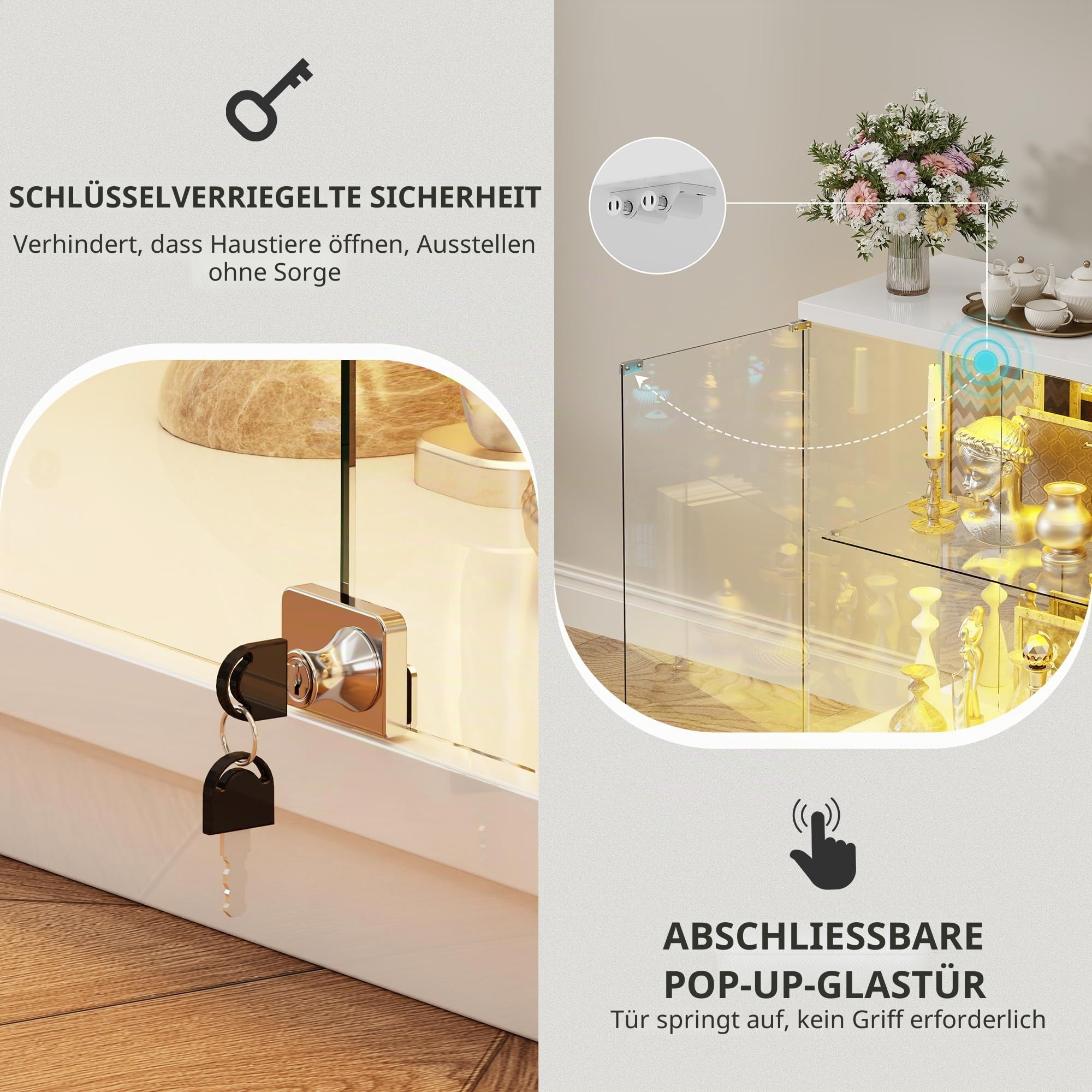 120 CM RGB Glasvitrine Stehend mit Ladestation und Bewegungssensor,Weiß