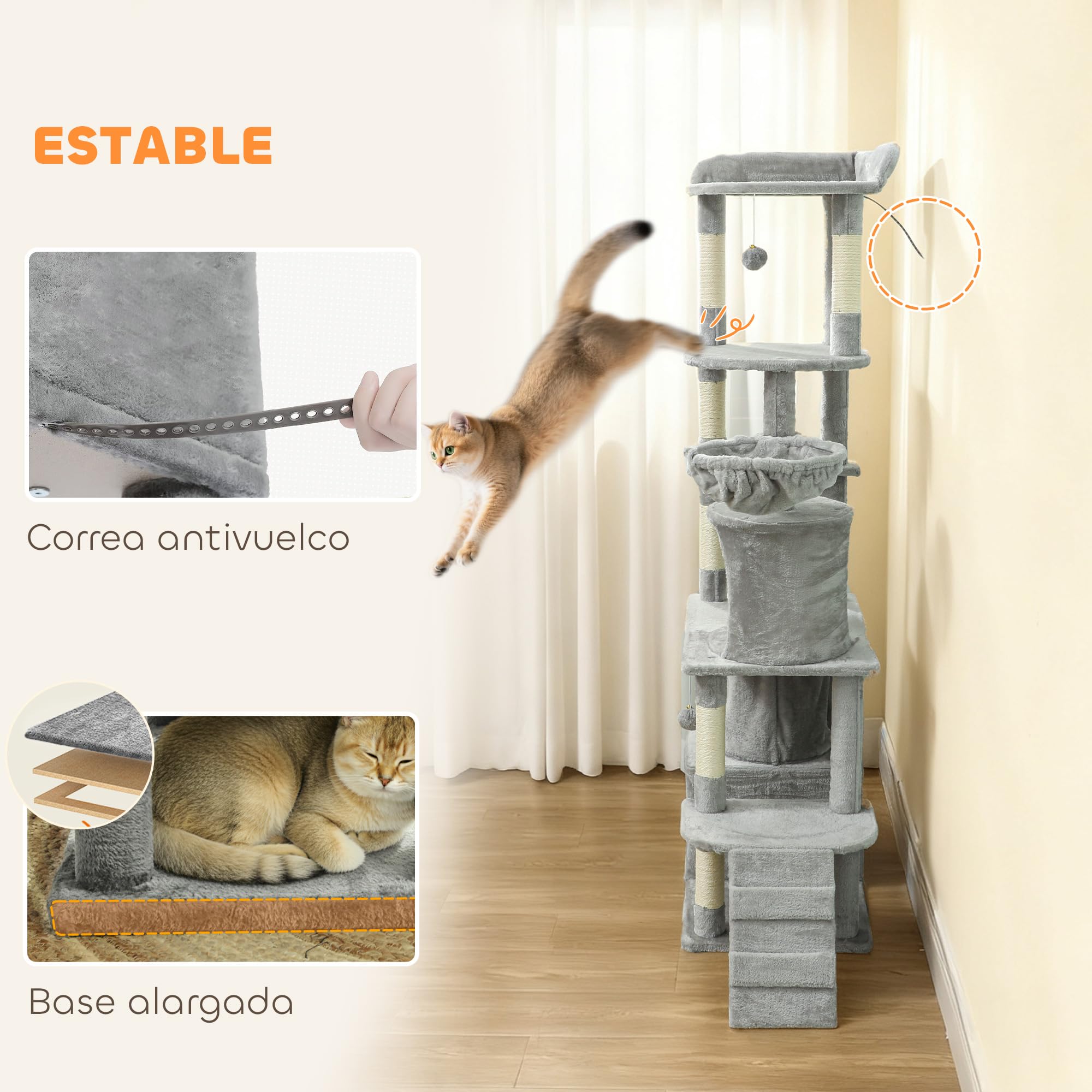 PawHut Árbol Rascador para Gatos Grande Torre de Escalada 170 cm Gris Claro | Árbol para Gatos, 7 Postes, 1 Túnel, 3 Plataformas, 2 Cuevas, 1 Hamaca, 1 Percha, 1 Rampa, Pompones