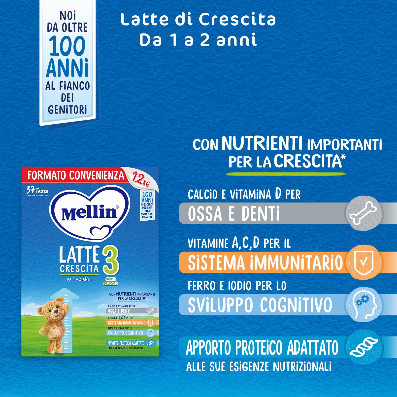 MELLIN 3 - Latte di Crescita in Polvere per Bambini - dal 1° anno compiuto al 2° anno, Gusto Delicato - Confezione da 3600 grammi (3 x 1200g)