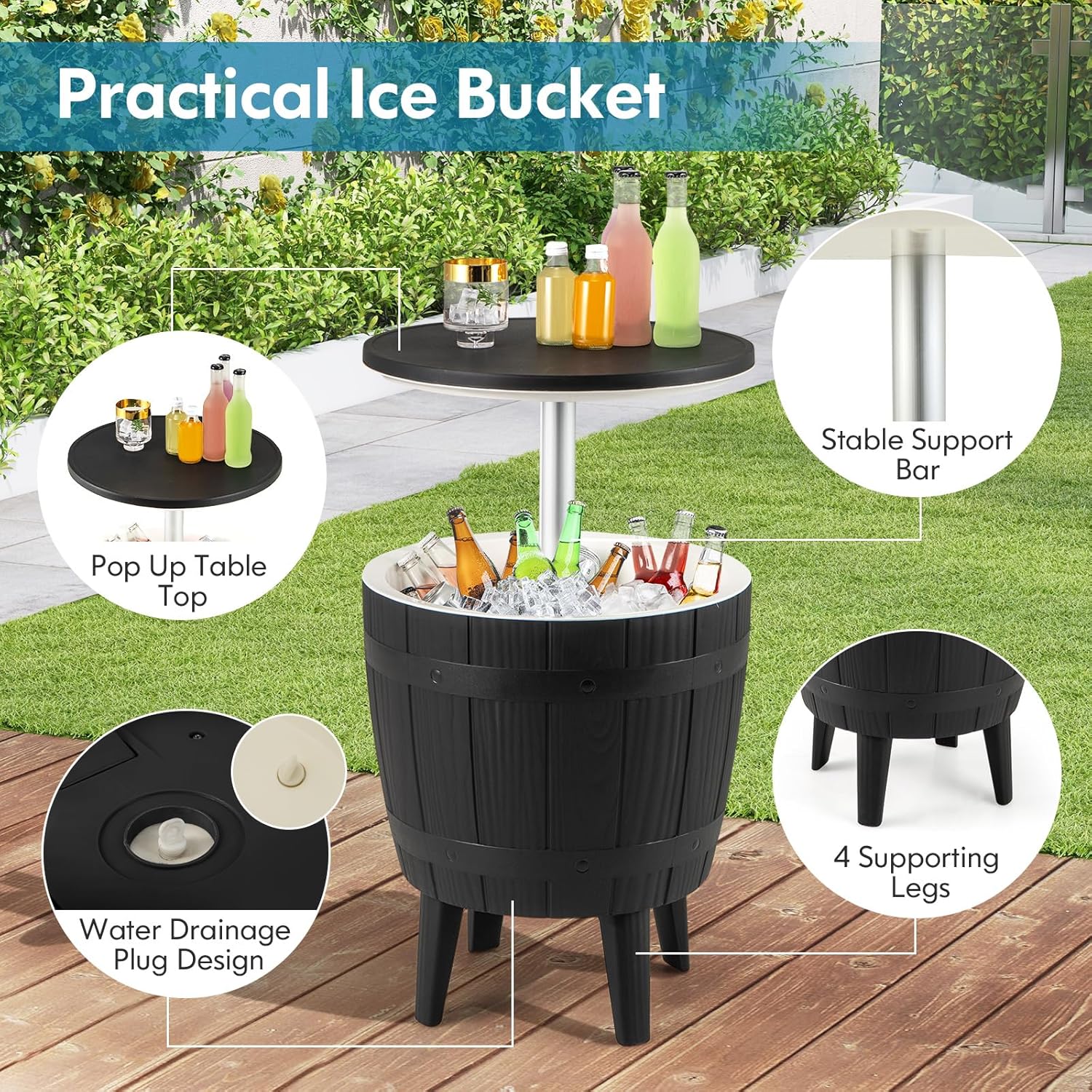 Moccha Outdoor End Table Cooler - 10 Gallon Cooler Side Table with Height Adjustable Tabletop, 3-in-1 Ice Bucket for Beer & Wine Storage, Cocktail Patio Bar Table for Deck Pool Backyard Party (Black)