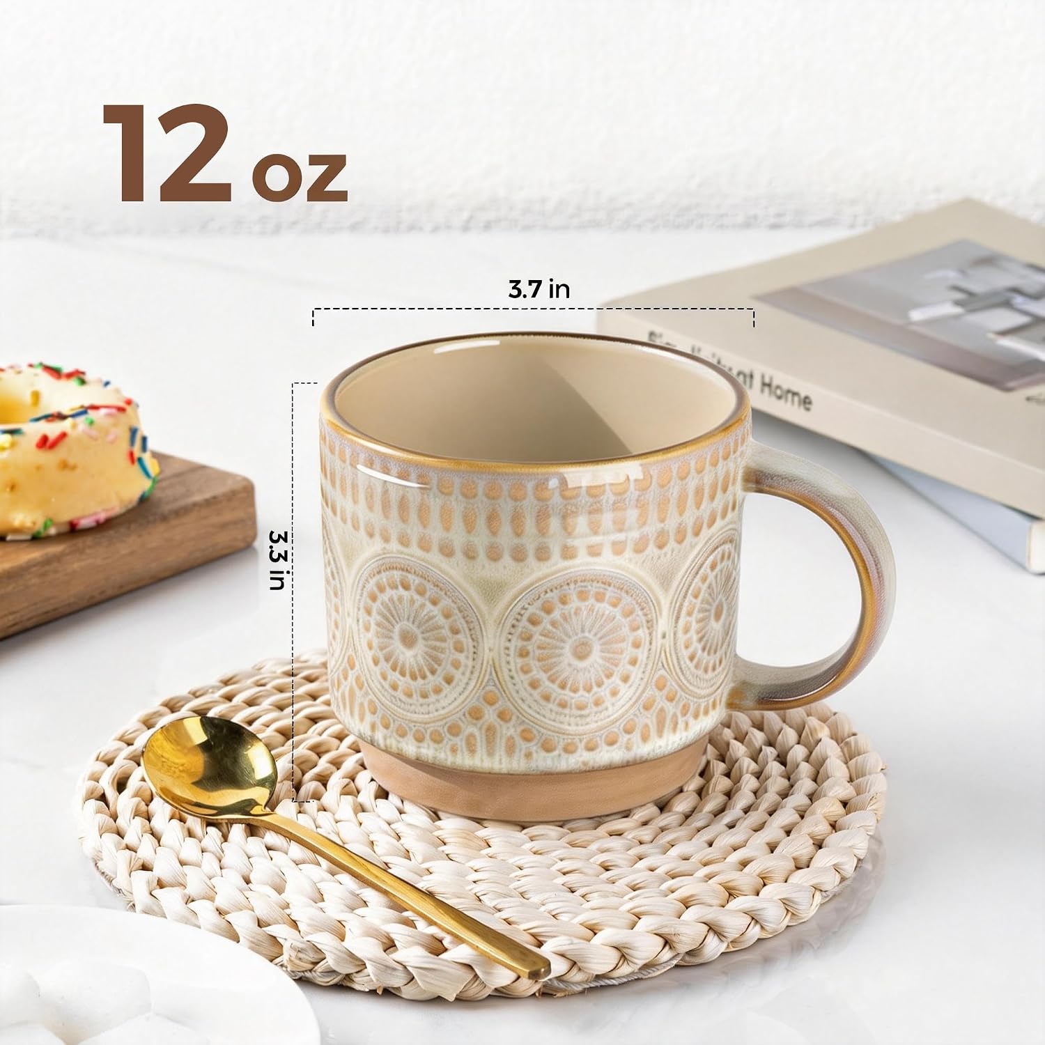 GBhome 12OZ Stackable Coffee Mugs, Ceramic Coffee Mugs with Texture Patterns for Man,Woman,Dad,Mom, Modern Coffee Mugs Set of 4 for Latte/Cappuccino/Cocoa. Dishwasher&Microwave Safe