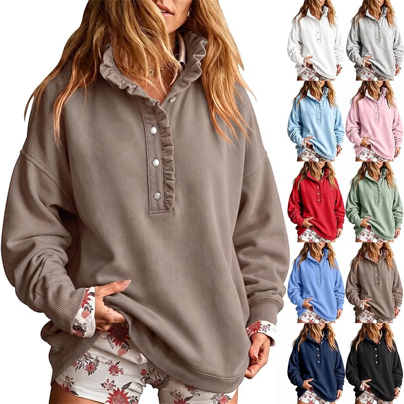 Rikbuig Ruffle Sweatshirt Women Cute Oversized Henley in N01- Khaki