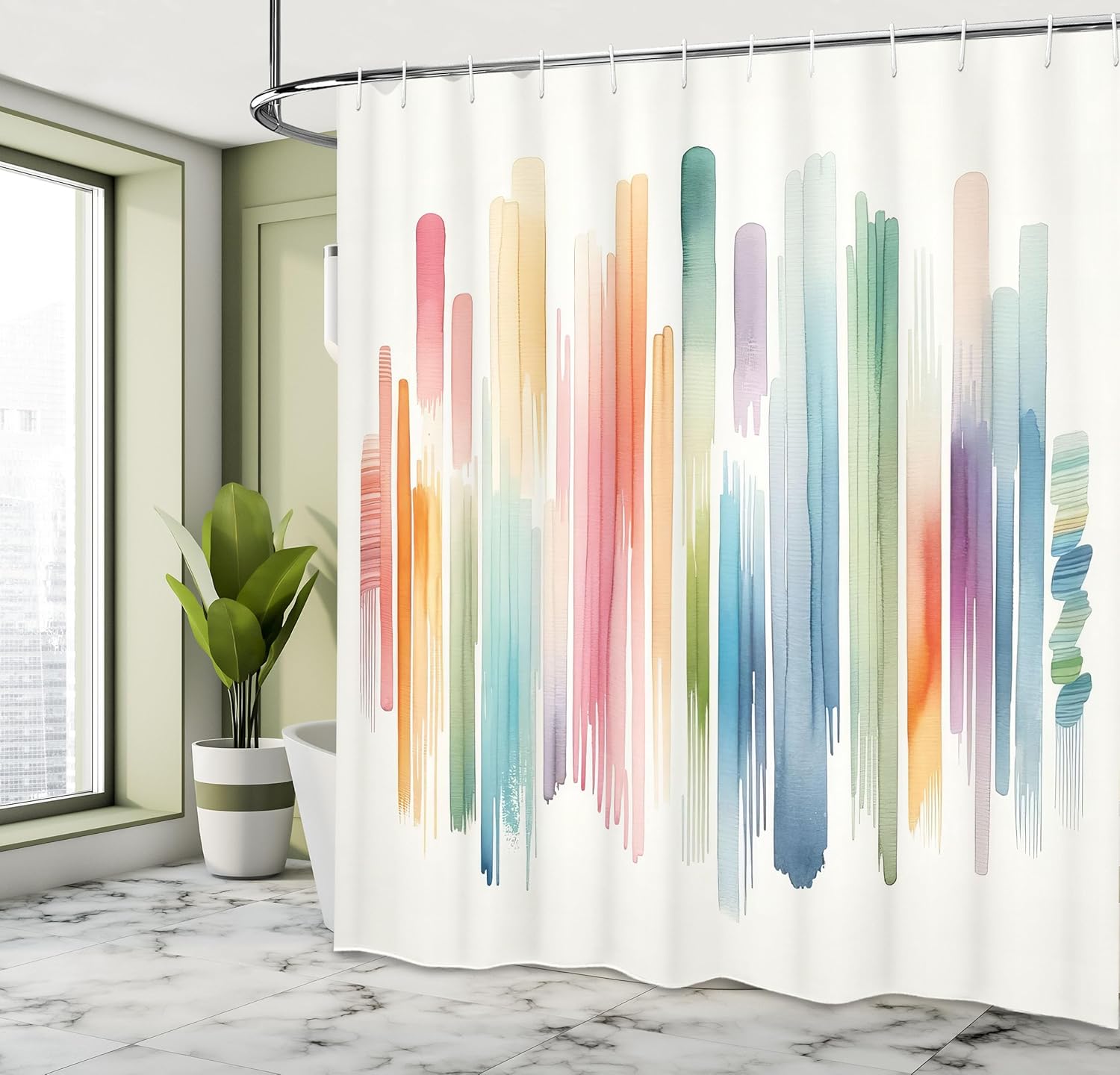 Ambesonne Colorful Shower Curtain, Brushstroke Lines Watercolor Effect Rainbow Colors Modern and Simple, Cloth Fabric Bathroom Decor Set with Hooks, 69" W x 84" L, Off White and Multicolor