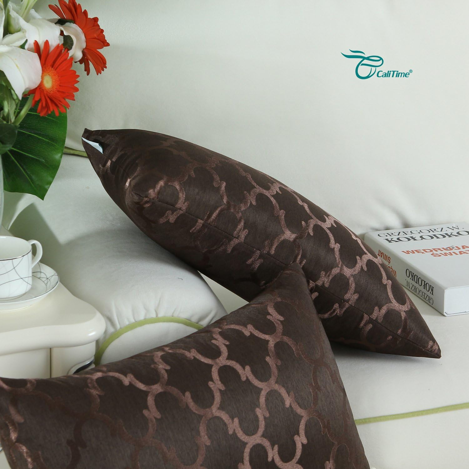 CaliTime Pack of 2 Cushion Covers Pillow Cases Shells for Home Sofa Couch Modern Shining & Dull Contrast Quatrefoil Accent Geometric 12 X 20 Inches Coffee