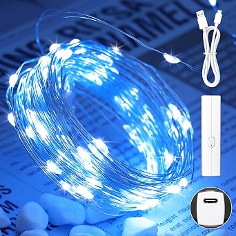 Lakumu 16FT5M Blue Fairy Lights, Rechargeable Battery Operated Mini LED String Lights with Timer, 8 Modes Waterproof Twinkle Lights for Bedroom Christmas Xmas Tree Wedding Centerpiece Table Decor
