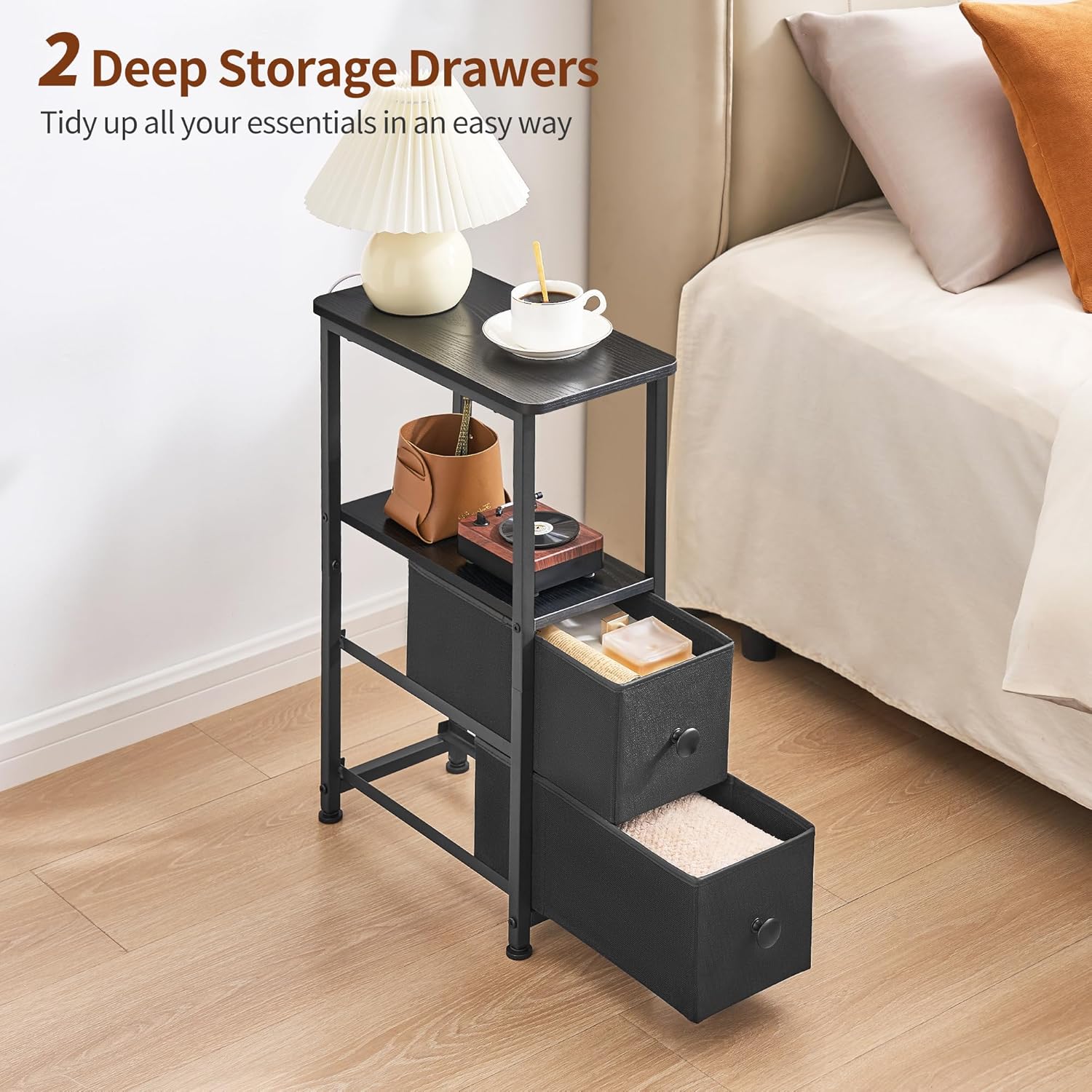 DALEMHOME End Table, Narrow Side Table with 2 Fabric Drawers, Slim Nightstand, Small Bedside Table with Storage, Living Room, Bedroom, Black HKET1200BK