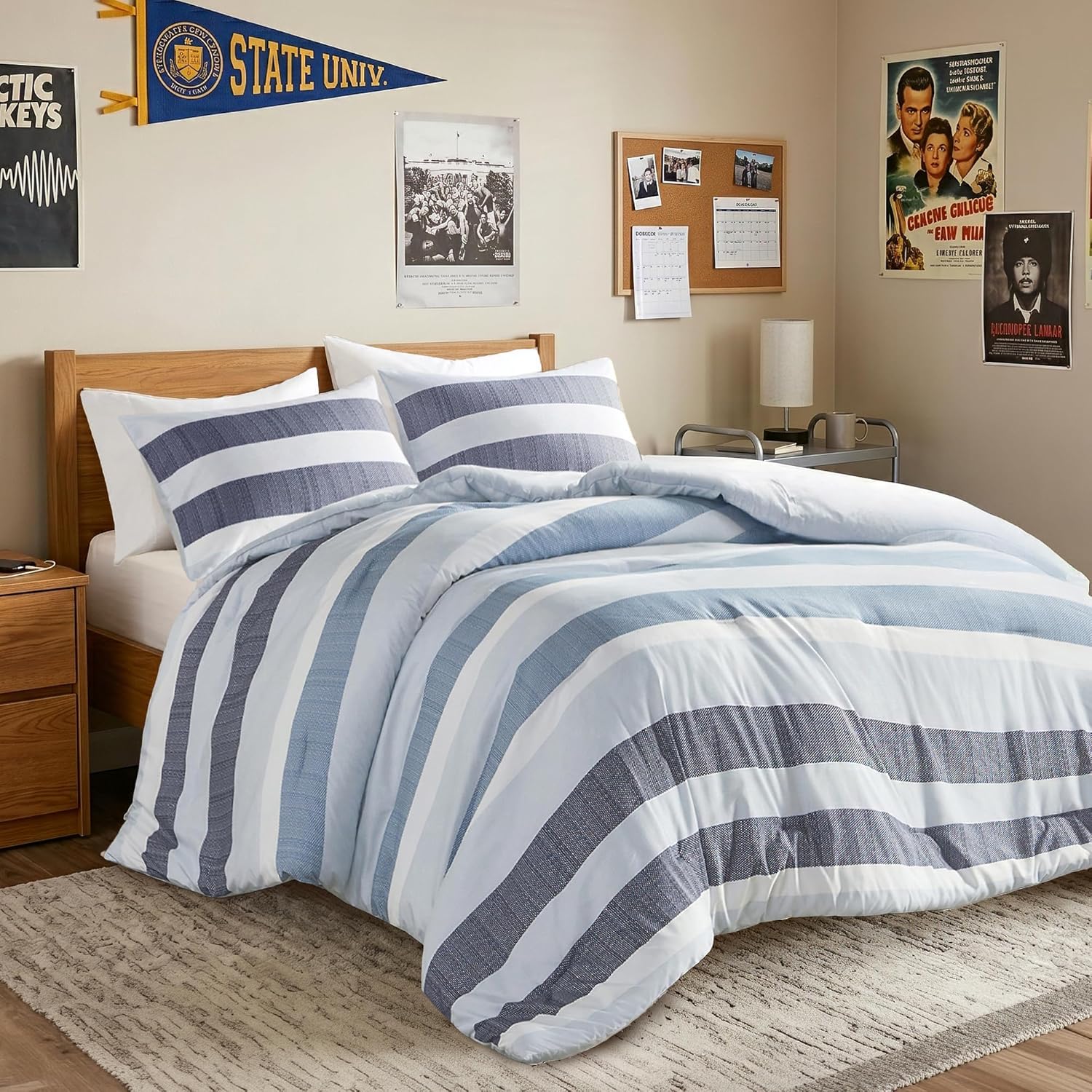Full/Queen Size Comforter Set Navy Blue - 3 Pieces Modern Striped Quilt Bedding for Dorm All Season Soft Lightweight Reversible Bed Set with Comforter & Shams | Lightweight Soft, Modern