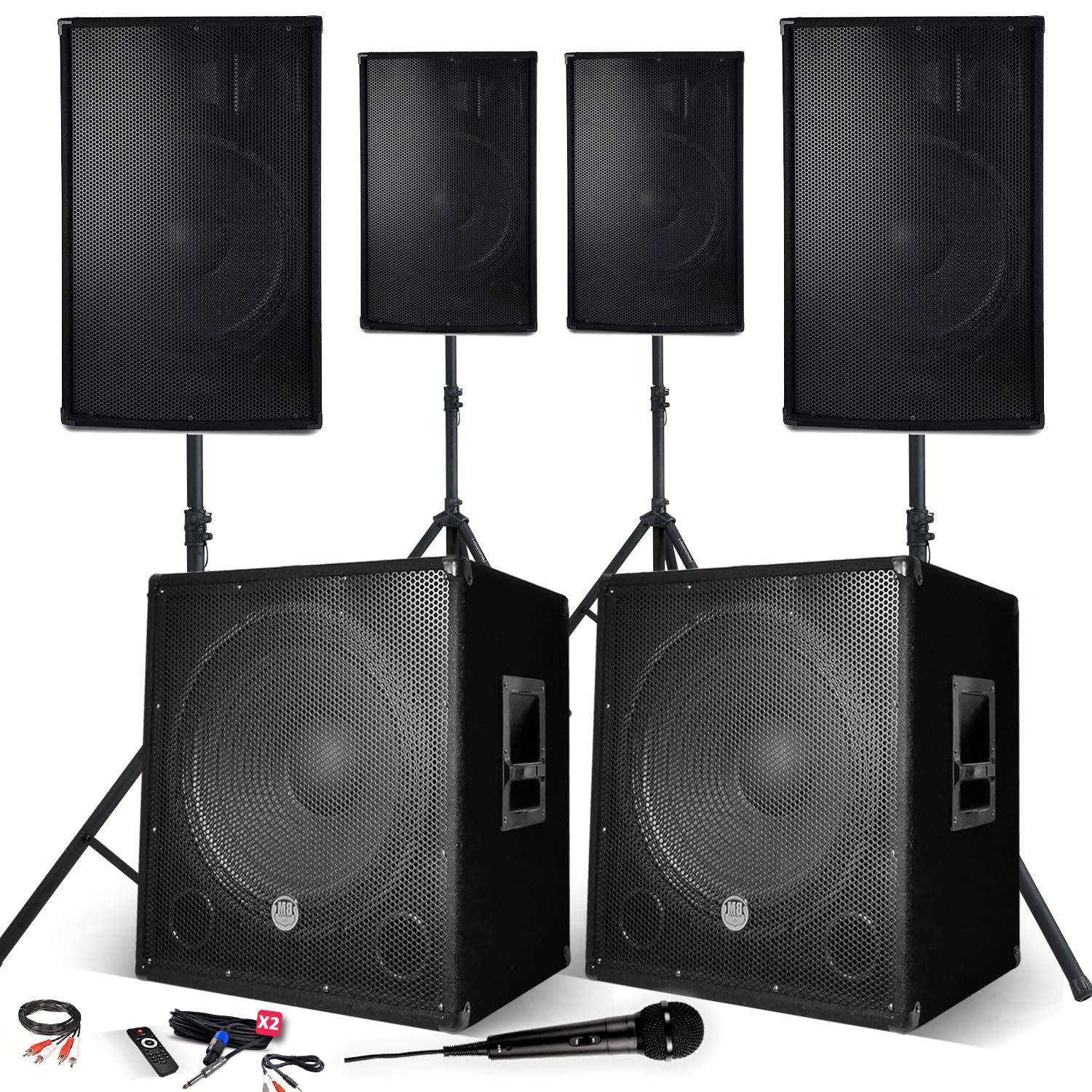 Système Sonorisation 4400W Complet, 4 Enceintes, 2 Subwoofers USB/Bluetooth Cable PC + Pieds, Prestations, Micro Sono DJ PA Bar