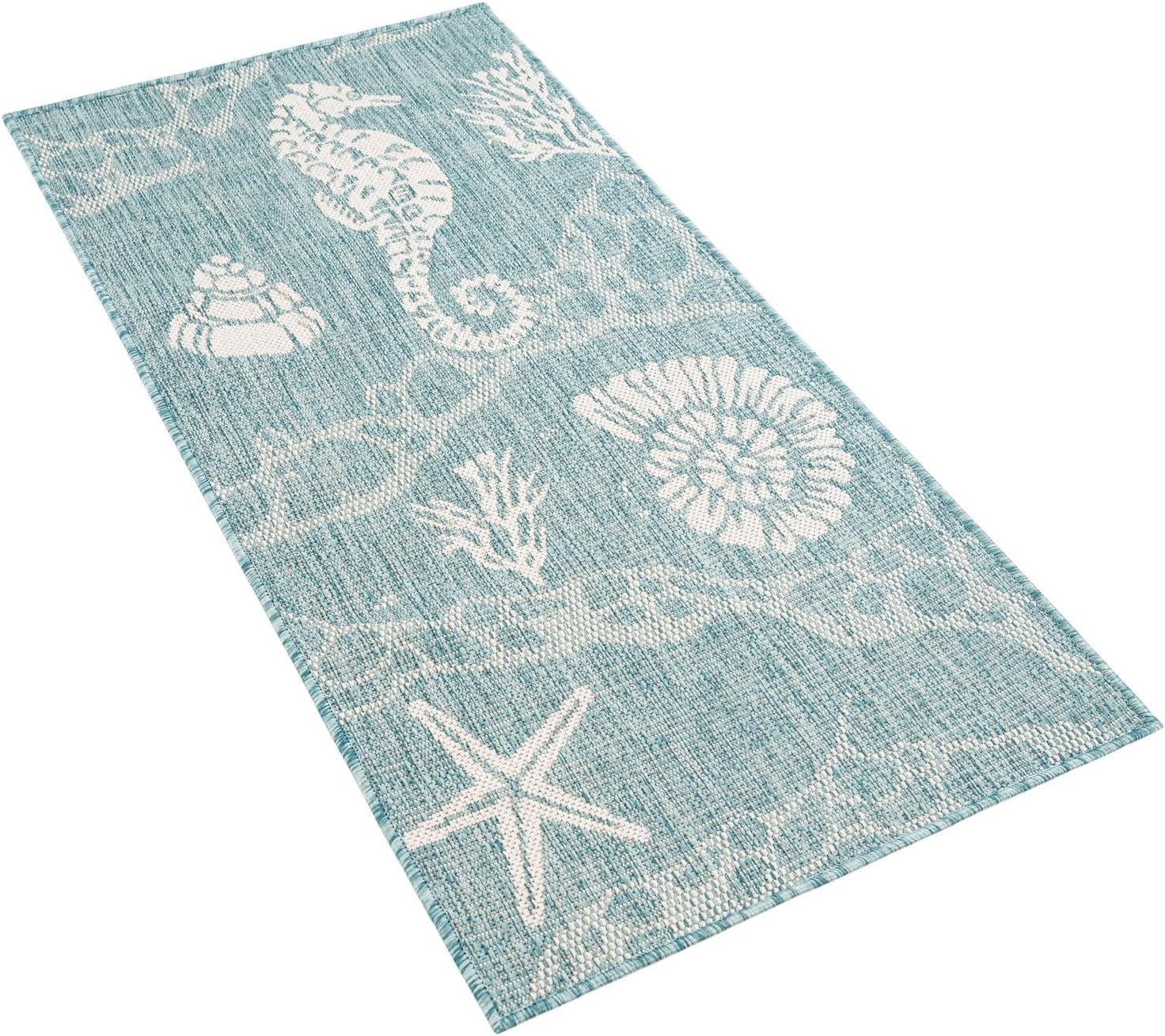 Rugs.com Outdoor Coastal Collection Rug – 4 Ft Runner Aqua Flatweave-Pile Rug Perfect for Hallways, Entryways