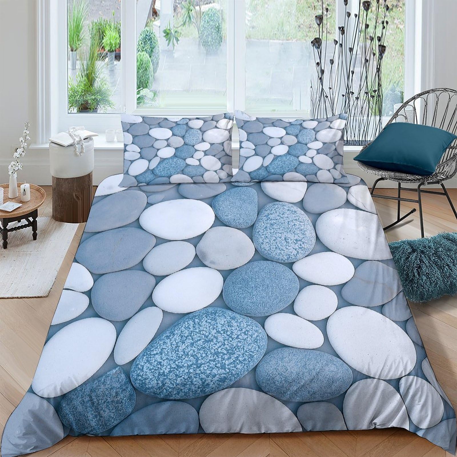 Ctjqhvkz Style-6 3D Printed Blue Pebble Fitted Sheet Microfiber Non-Slip Stone Pattern Bed Cover For Bedroom Guest Room Easy Care Single（135X200cm）