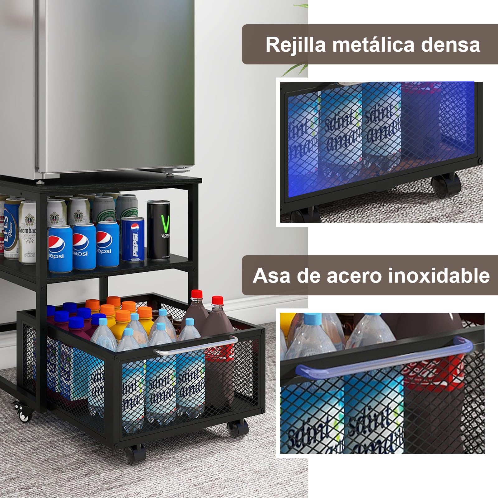 PUNCIA Soporte para Mini Nevera 3 Niveles con Cesta Metálica para Oficina | Mueble Mesa para Frigorífico con Base Móvil para Refrigerador con Ruedas Estante de Almacenamiento con Cajón Cocina Salón