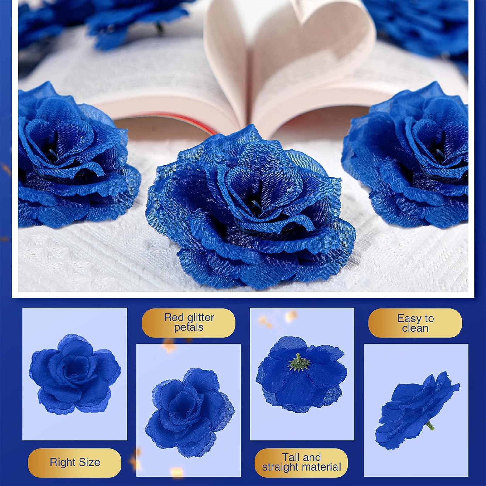 Yuxung 200 Pcs 3 Inch Artificial Flowers Fake Silk Rose Head Flower with Stem Emerald Flower Faux Rose and 6 Inch Stem for Wedding Bridal Bouquet Home Floral Decor DIY Centerpieces (Navy Blue)