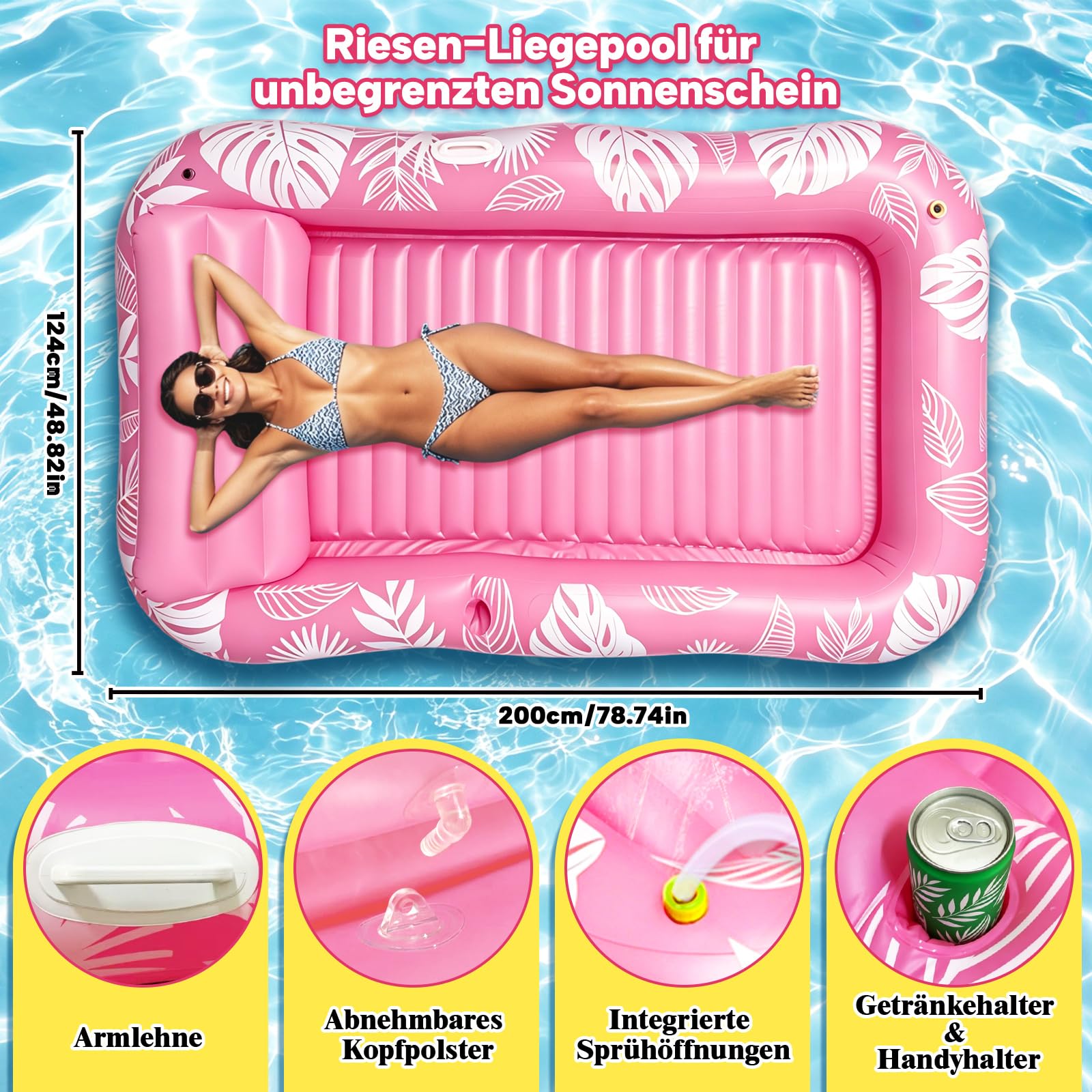 Tanning Pool mit Eingebautem Sprinkler, Luftmatratze Schwimminsel mit Getränkehalter, Griff und Rückenlehne, Amphibisch Luftmatratze Wasser Erwachsene Geeignet für Schwimmbäder, Strände, Gärten