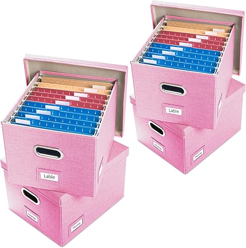 PRANDOM Caja organizadora de archivos, juego de 4 carpetas plegables decorativas de lino para almacenamiento de archivos colgantes con tapas,