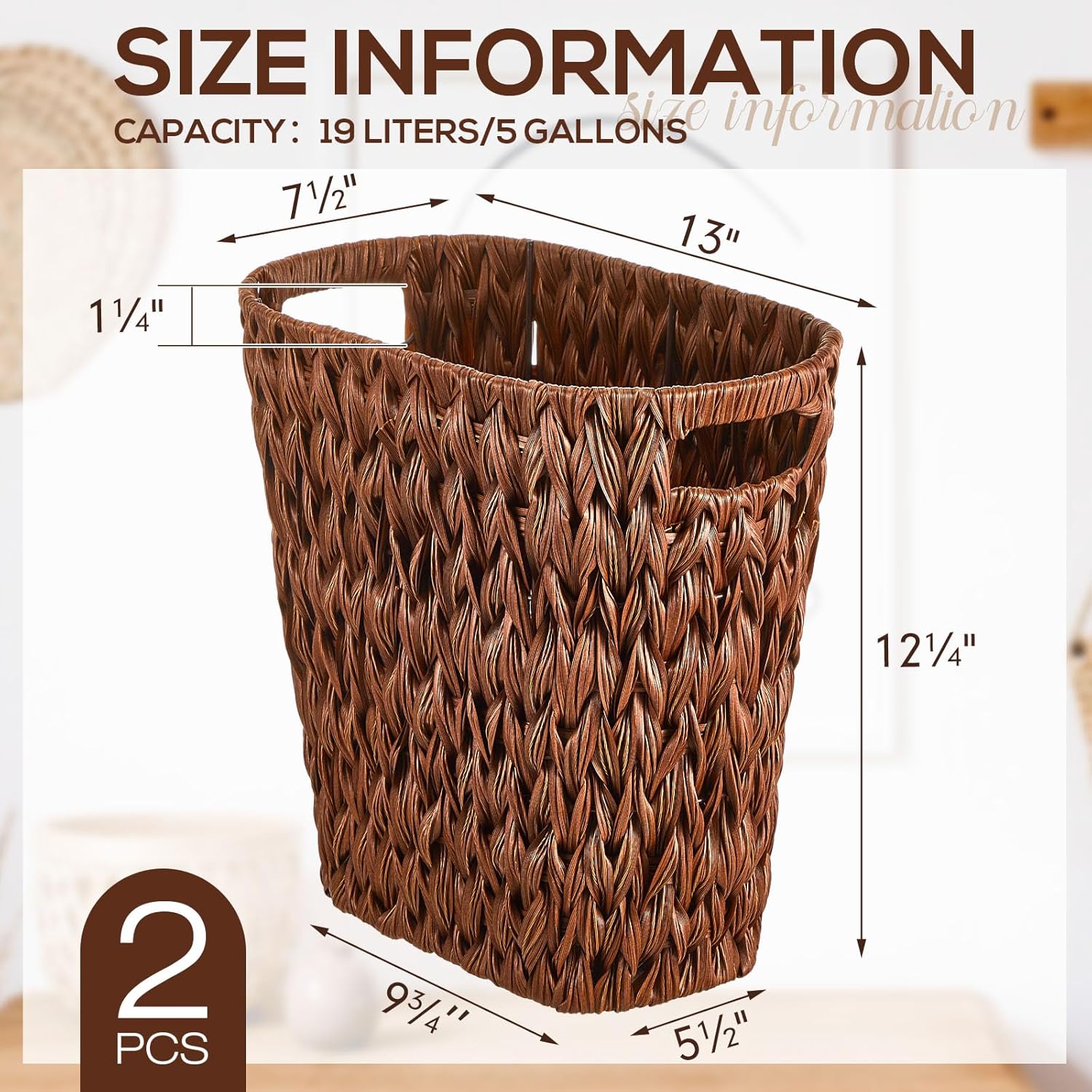 Hushee 2 Pack Wicker Waste Basket, Wicker Trash Can for Bathroom, Rattan Trash Can, Woven Bin for Office, Hyacinth Waste Basket for Home Kitchen(Plastic Water Hyacinth,Brown)