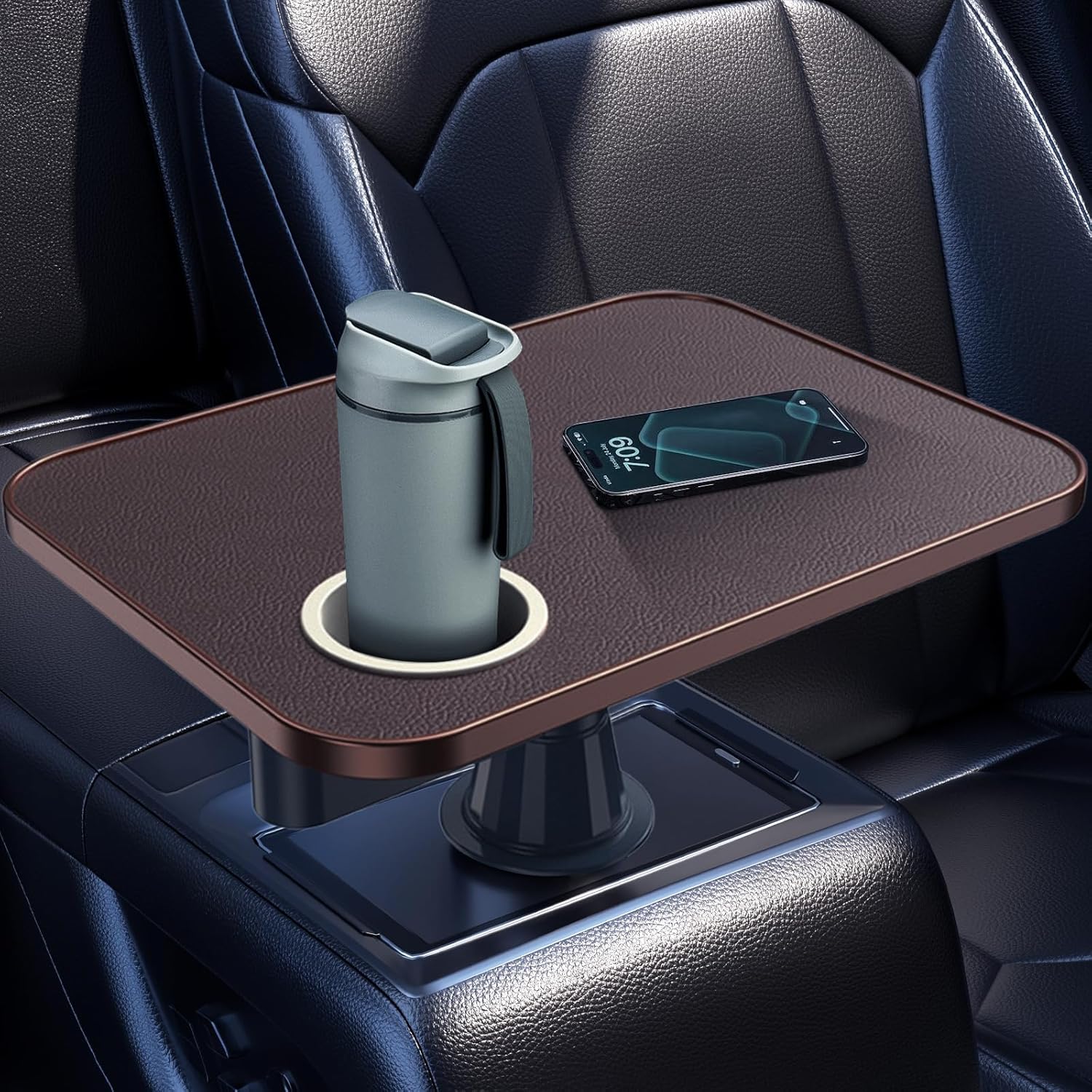 Car Tray& Car Desk for Laptop,Dual 360° Rotating,Anti Slip Leather Surface, Food Tray, Cup Holder Table Compatible with Tesla Model Y/3/S, Ford F150/Explorer/Maverick/Home Theater Seating (Brown)