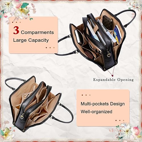 Miniatura 7 de Banuce Maletín de cuero italiano de granos completos genuinos para mujeres, bolsa de trabajo para computadora portátil de 15.6 pulgadas, color negro