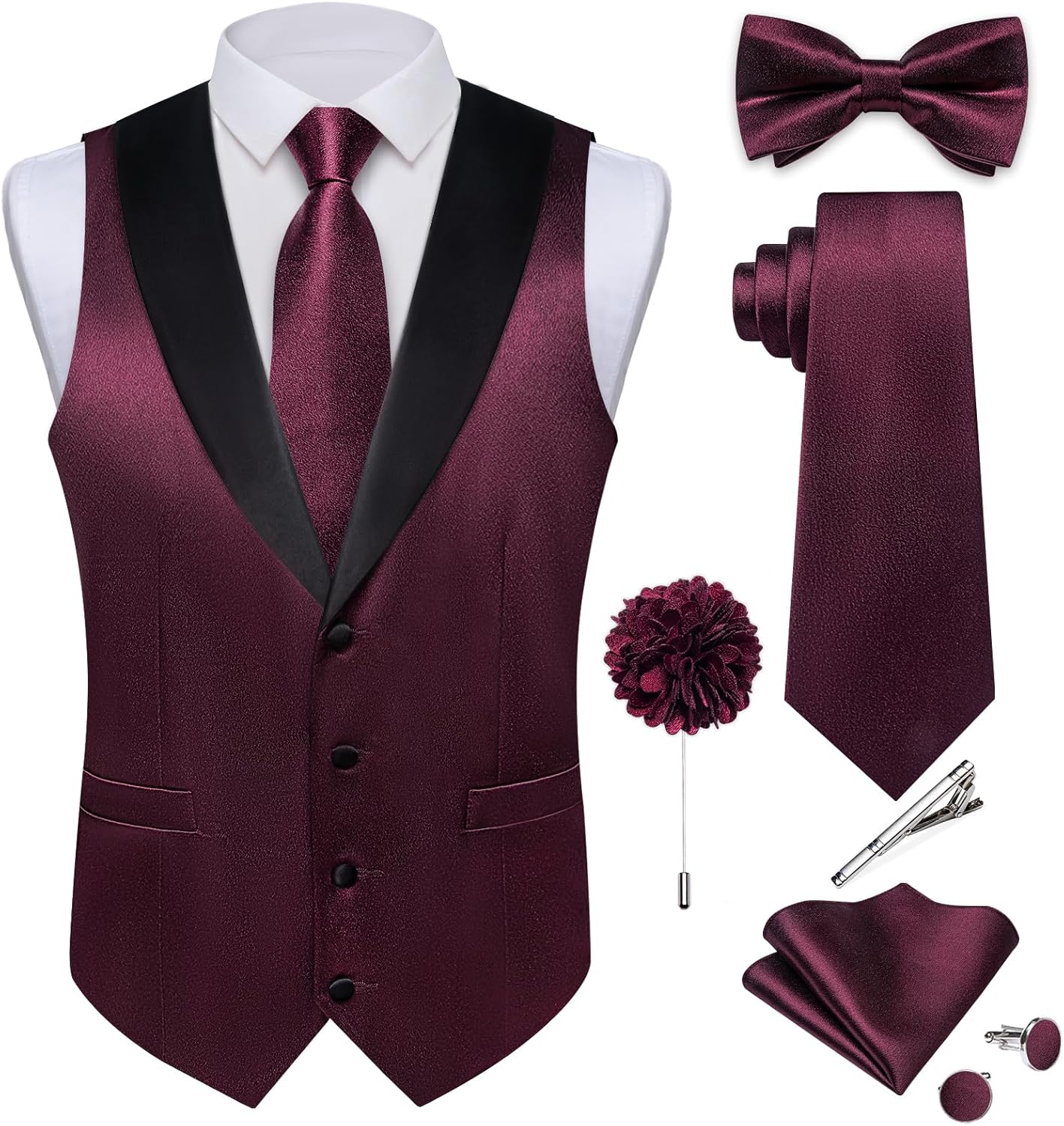 DiBanGu Mens Shiny Satin Vest Tie Set 8PCS Solid Waistcoat and Pre-tied Bowtie Shawl Collar Dress Vest for Wedding Formal