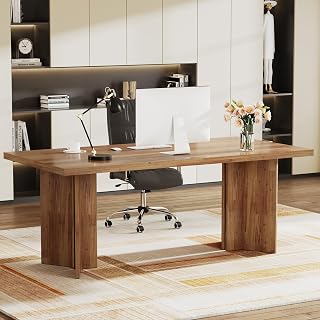 Tribesigns 63-Inch Farmhouse Executive Desk - Large Walnut Brown Computer Workstation for Home Office, Study & Conference Table