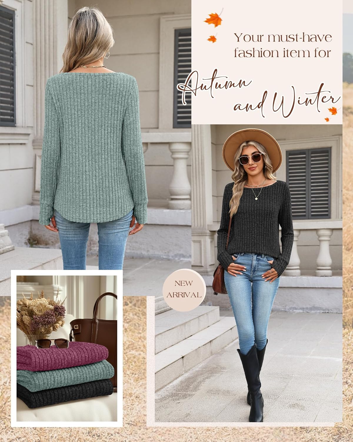 3 Pack Womens Long Sleeve Sweatshirt Boat Neck Loose Fit Tunic Sweater Lightweight Curved Hem with Thumb Hole Top - Image 6