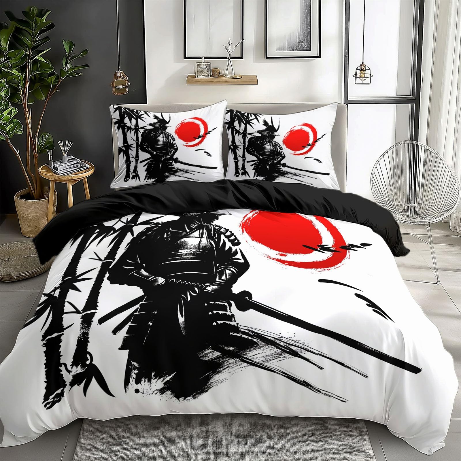 Ensemble de literie 220 x 240 samouraï noir en tissu doux imprimé avec finitions zippées durables