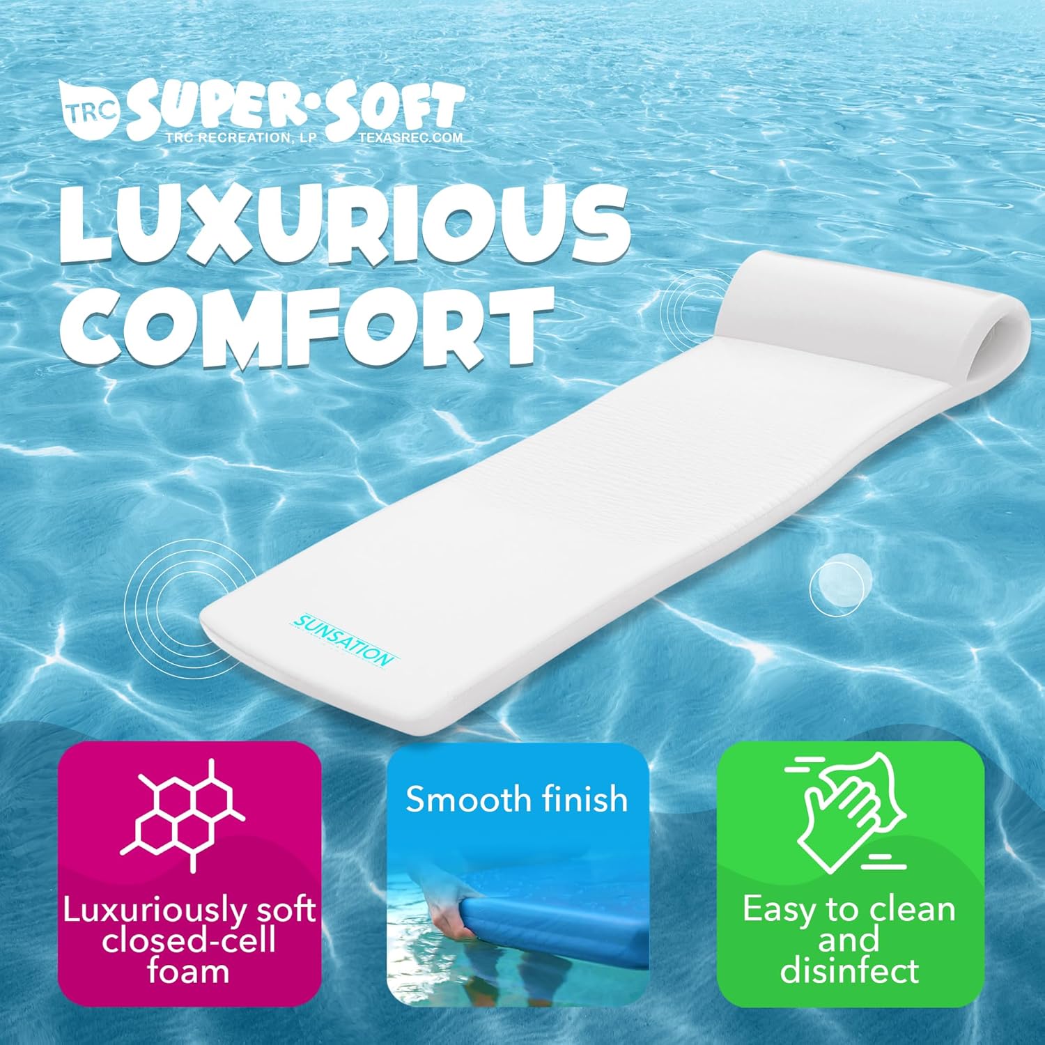 TRC Recreation Sunsation Thick Foam Pool Float Lounger w/Headrest for Lounging & Sunbathing in Swimming Pools, Beaches & Lakes