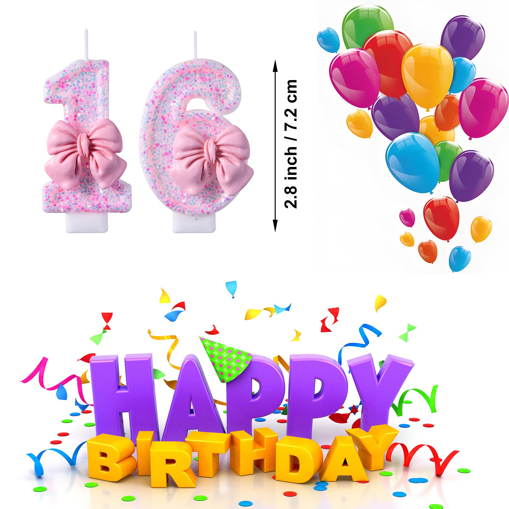 VSHILI 16th Birthday Candles, Pink 16 Year Old Number Birthday Candles, Happy Birthday Party Cake Topper Decoration Gifts for Girls