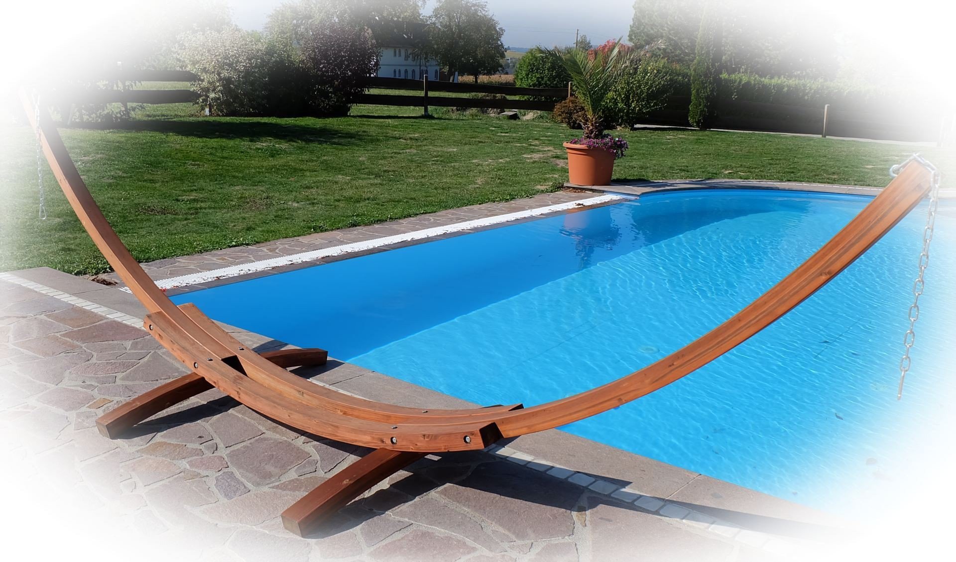 ALEOS. AS-S 410cm XXL Luxus Hängemattengestell Limited Edition Gestell aus Holz Lärche ohne Hängematte Edelstahl Ketten Karabiner und Schrauben