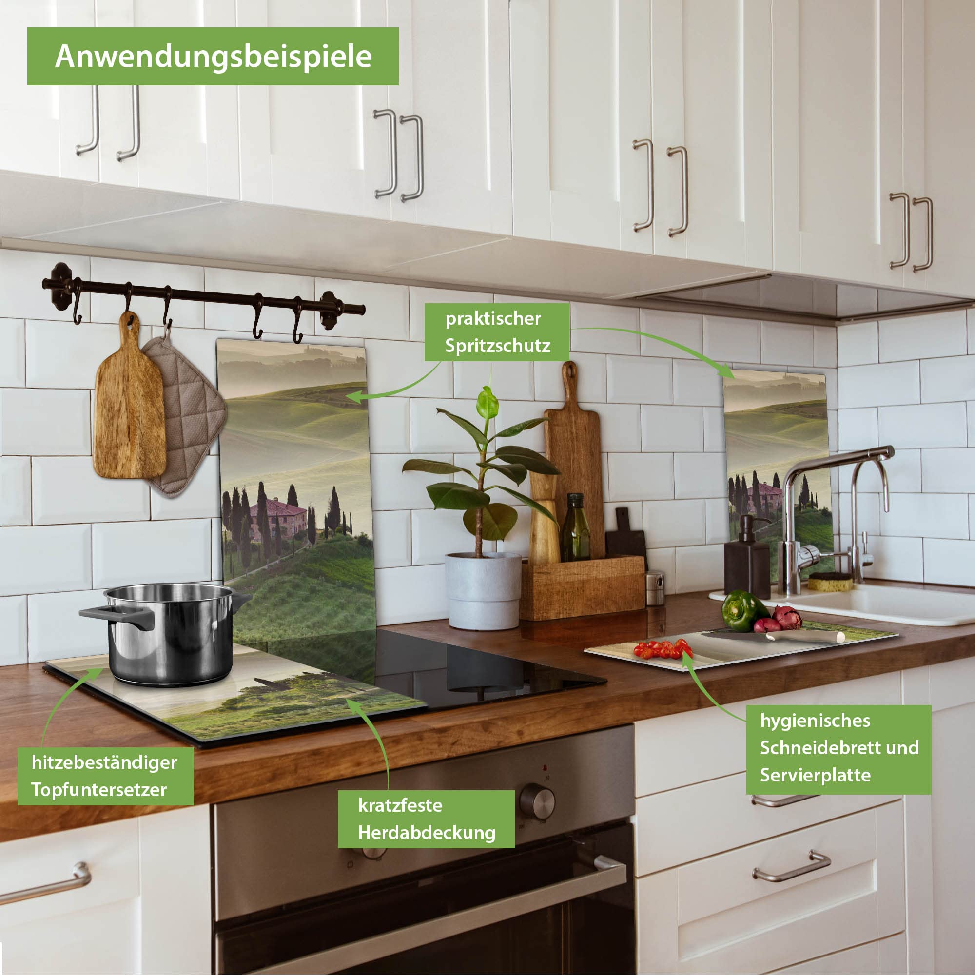 banjado Kochfeld Abdeckung Glas 2-teilig 60x52 cm, Herdabdeckplatte und Schneidebrett Küche aus gehärtetem Glas, urbaner Spritzschutz Städte & Architektur für moderne Küchen mit Motiv Toscana