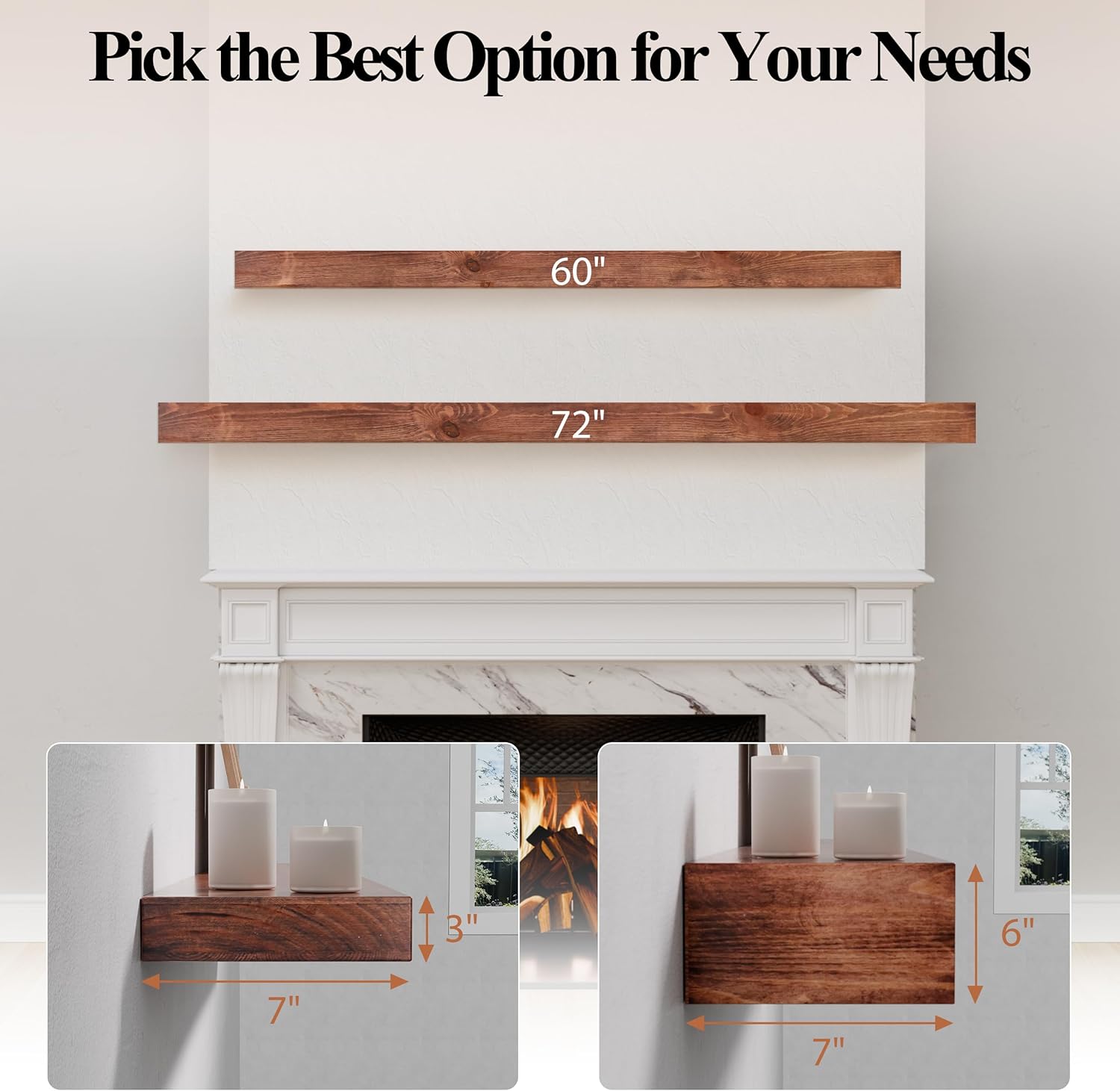 72 Inch Fireplace Mantel, Wall-Mounted Wood Mantel Shelf for Over Fireplace, Handcrafted Floating Mantel Shelf with Invisible Heavy Duty Bracket, 72 Inch, Walnut