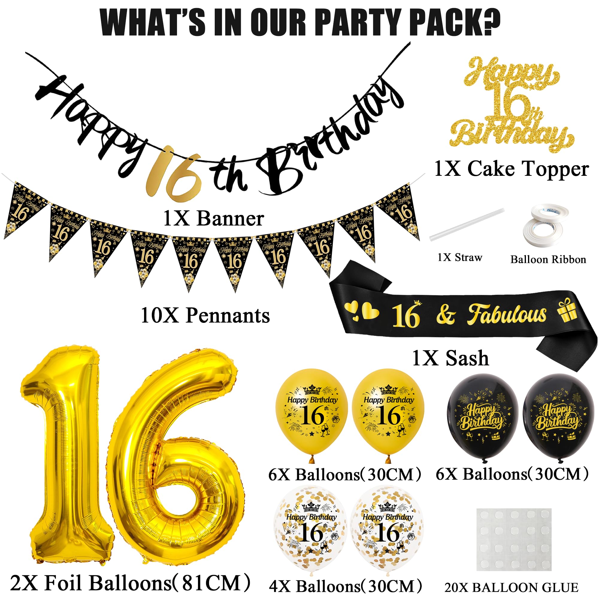 16. Geburtstag Deko Set – Schwarz & Gold – Folienballons, Banner, Girlanden, Torten-Topper – Komplettset Für Die Party