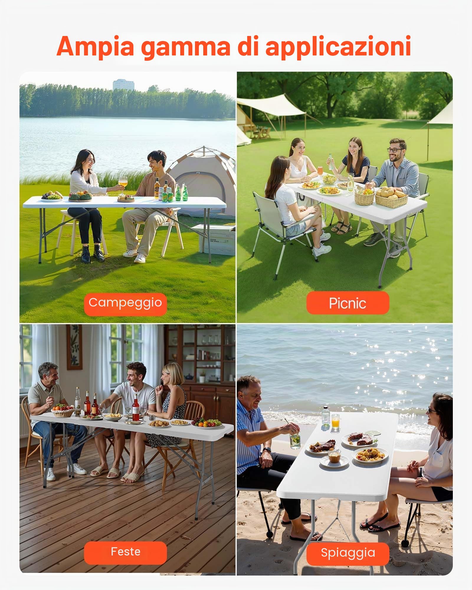 VEVOR Tavolo Pieghevole a Metà, Tavolo in Plastica Resistente Portatile e Rettangolare da 2440x750x740 mm, per Interni ed Esterni con Maniglia Integrata, per Feste, Cene, Picnic, Bianco