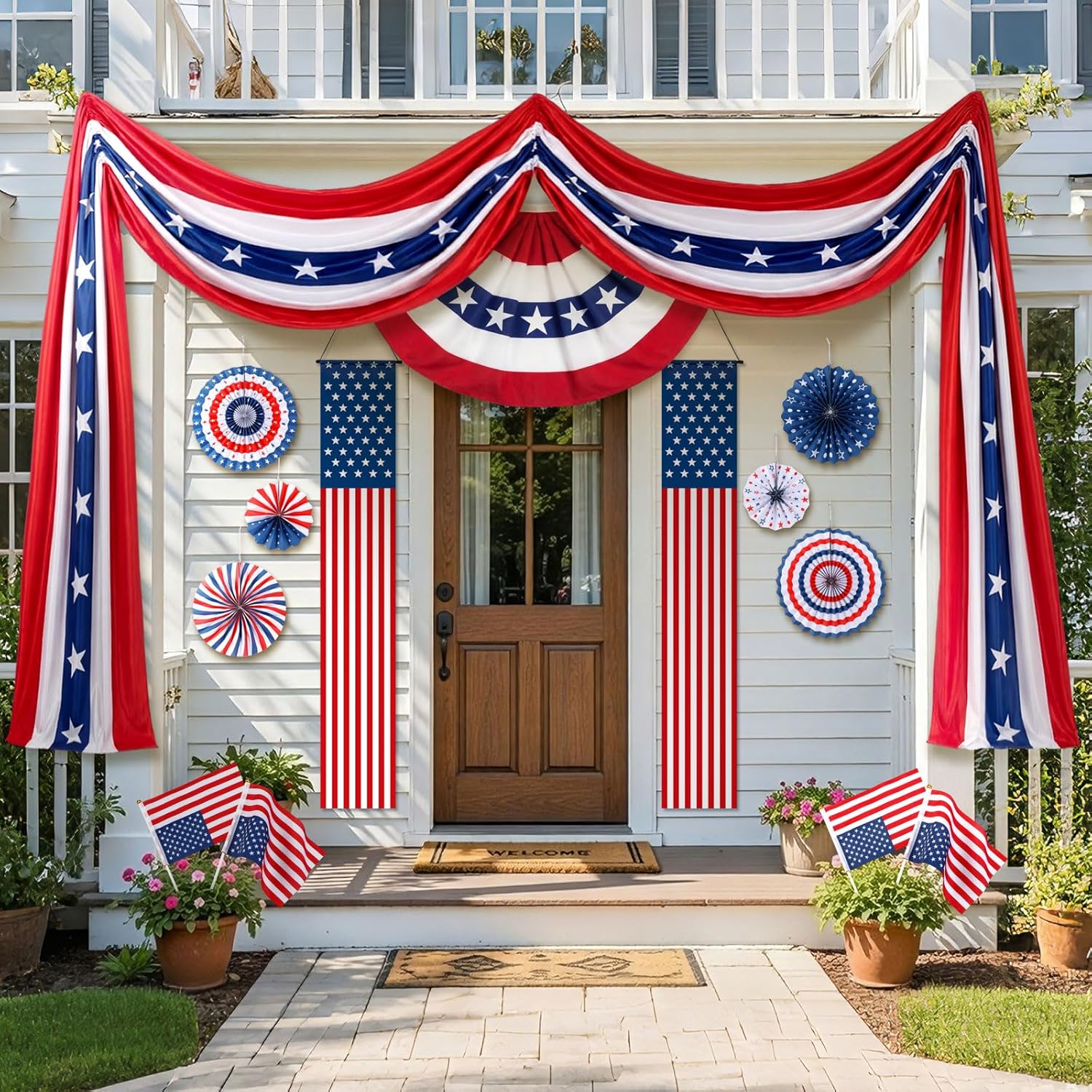 14 Pcs 4th of July Porch Decorations Patriotic Bunting Outdoor Hanging Decor with Red White Blue Paper Fans American Flags Door Banners Garland for 250th Anniversary Veterans Day Outdoor Porch Decor
